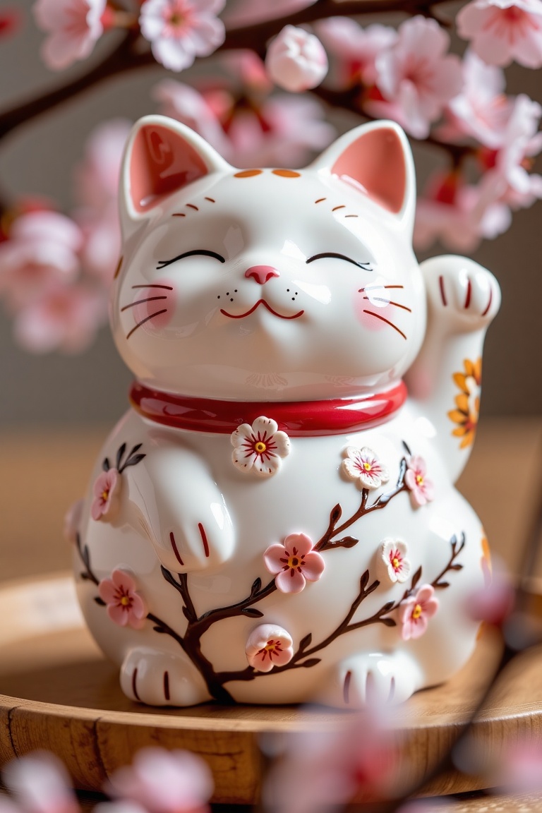 A kawaii white ceramic lucky cat dessert decorated with delicate cherry blossoms. The cat has a chubby round shape with a...