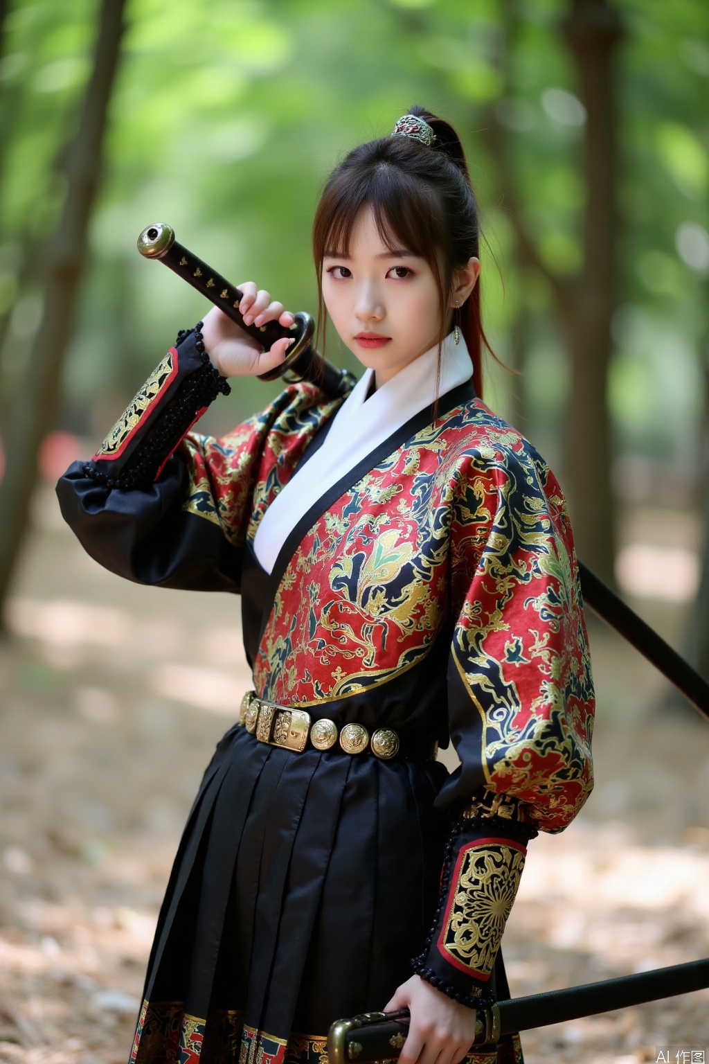 1girl, feiyu, standing, sword, weapon,holding_weapon,upper_body,looking_at_viewer,banboo, outdoors