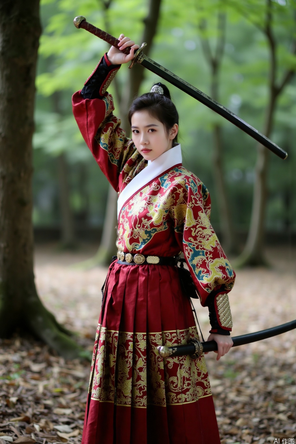 1girl, feiyu, standing, sword, weapon,holding_weapon,upper_body,looking_at_viewer, outdoors,trees