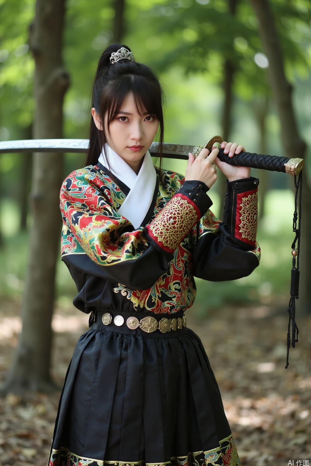1girl, feiyu, standing, sword, weapon,holding_weapon,upper_body,looking_at_viewer, outdoors,trees