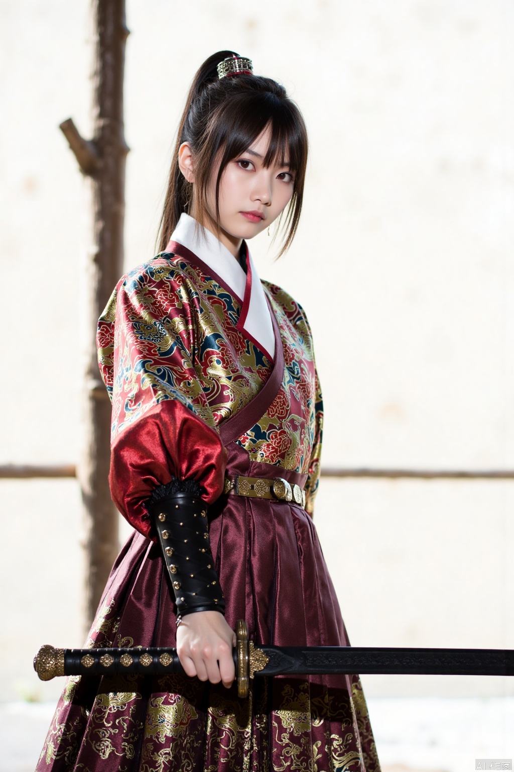 1girl, feiyu, standing, sword, weapon,holding_weapon,upper_body,looking_at_viewer,banboo,