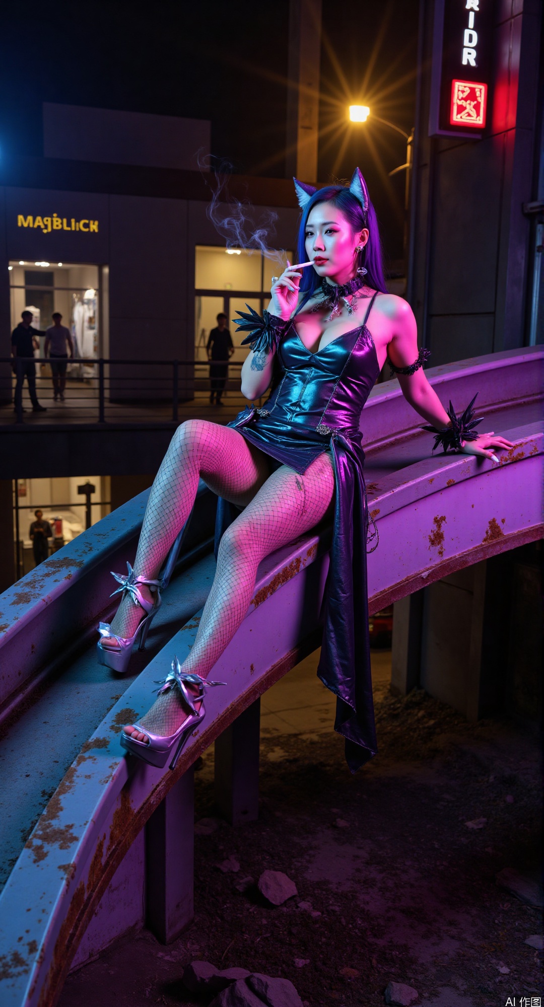 "Dutch-angle tableau of a neon-noir siren lounging across the Art Deco curves of a corroded monorail beam. Her serpentine body forms a liquid Z-shape against rusted steel, fishnet-stocking legs extended in parallel defiance of perspective. A cigarette holder of blackened titanium angles from her lips, its holographic smoke coiling around a face framed by a geometric wolf-cut dyed in quantum chroma shifts. Sheathed in a liquid mercury trench dress with collapsing collar architecture, the garment's morphic surface reflects both decaying urban skyline and pulsating AR advertisements. Chrome-talon fingertips trace the braille inscriptions on a crystalline data cube, while her augmented iris projects scrolling lines of forbidden code into the humid night air. The scene pulses with contradictory light sources - sickly yellow streetlamps battling violet neon from noodle shop signs, all underlit by the radioactive glow of mutant kudzu vines consuming the elevated tracks. Extreme focus on refractive material textures, the tension between biomechanical prosthetics and decaying infrastructure, and the chromatic aberration of near-future pollution haze."