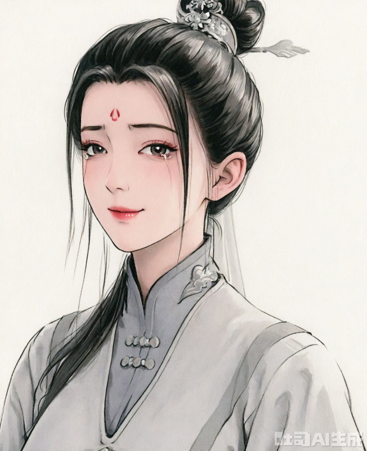 ((very awa)),(solo),highly detailed,(best quality),((masterpiece)),1girl,chi,,ge,,traditional media,painting \(medium\),watercolor \(medium\),looking_at_viewer,long hair,black hair,simple background,white_background,mature_female,limuwan,smile,sad,tears,,hexiaoliang,black hair,chinese clothes,hair bun,forehead mark,facial mark,huge breasts,