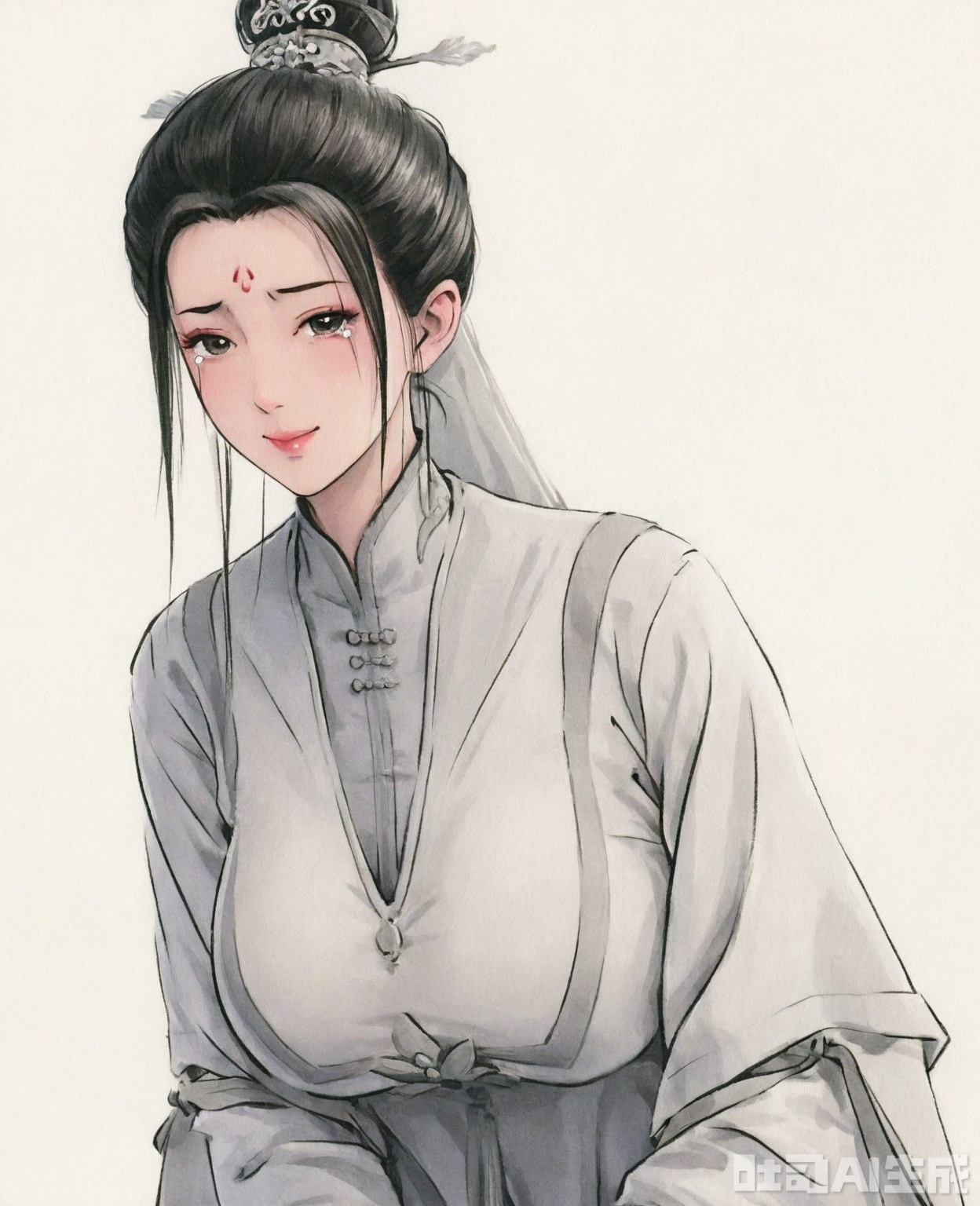 ((very awa)),(solo),highly detailed,(best quality),((masterpiece)),1girl,chi,,ge,,traditional media,painting \(medium\),watercolor \(medium\),looking_at_viewer,long hair,black hair,simple background,white_background,mature_female,limuwan,smile,sad,tears,,hexiaoliang,black hair,chinese clothes,hair bun,forehead mark,facial mark,huge breasts,