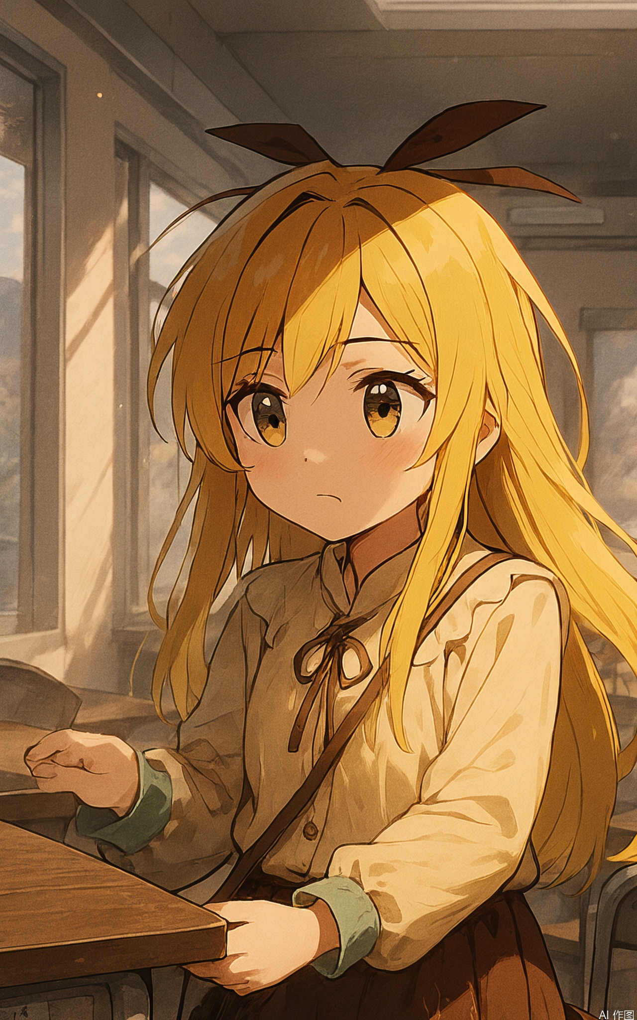 1girl,YanQiaoke:1.1,sunshine,in classroom, yellow hair, Cream shirt,Brown skirt