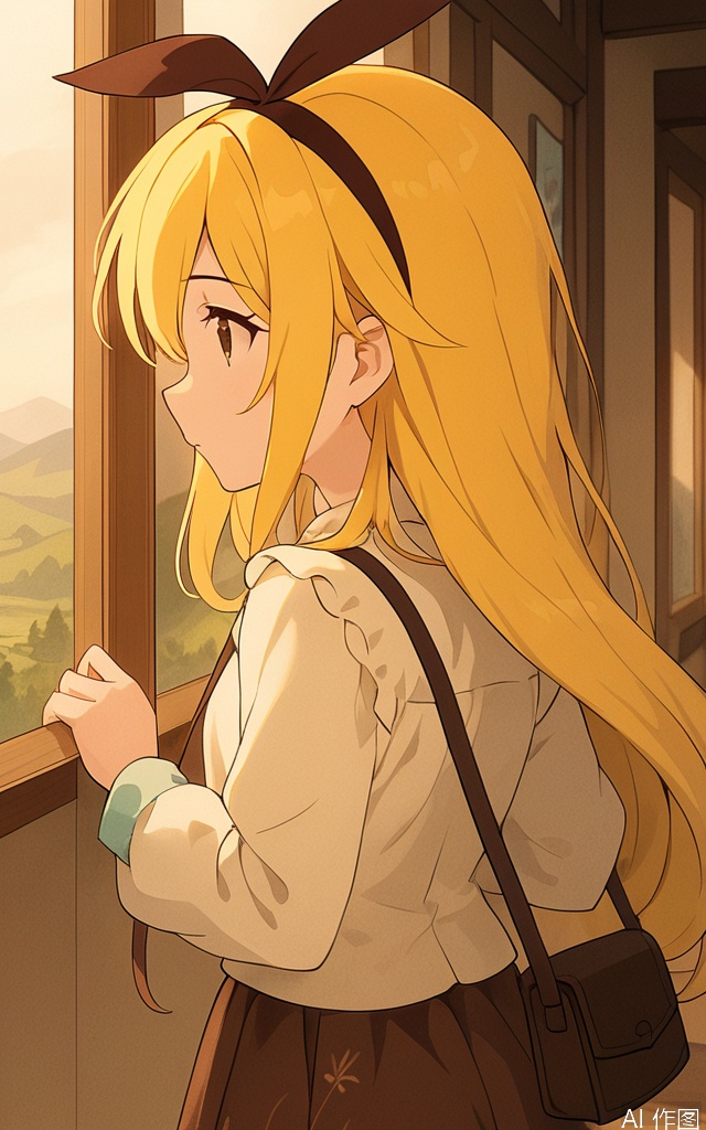 A serene portrait of YanQiaoke: a girl with long, vibrant yellow hair cascading down her back, adorned with a ribbon headband. She wears a crisp white shirt and flowsy brown skirt, carrying a shoulder bag in one hand. Her bright brown eyes gaze softly into the distance, framed by a warm, natural lighting that accentuates her gentle features.,score_8_up