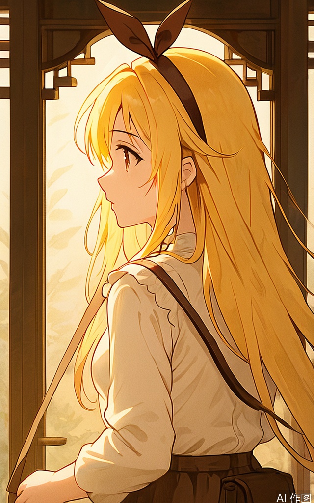 A serene portrait of YanQiaoke: a girl with long, vibrant yellow hair cascading down her back, adorned with a ribbon headband. She wears a crisp white shirt and flowsy brown skirt, carrying a shoulder bag in one hand. Her bright brown eyes gaze softly into the distance, framed by a warm, natural lighting that accentuates her gentle features.