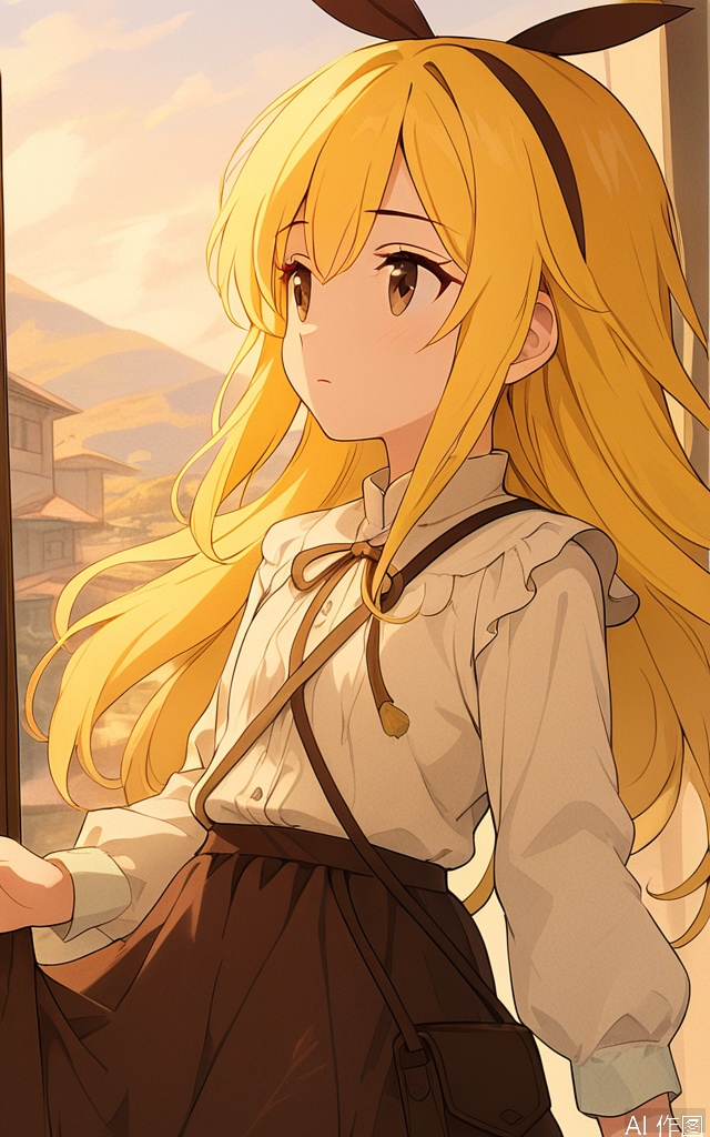 A serene portrait of YanQiaoke: a girl with long, vibrant yellow hair cascading down her back, adorned with a ribbon headband. She wears a crisp white shirt and flowsy brown skirt, carrying a shoulder bag in one hand. Her bright brown eyes gaze softly into the distance, framed by a warm, natural lighting that accentuates her gentle features.,score_8_up