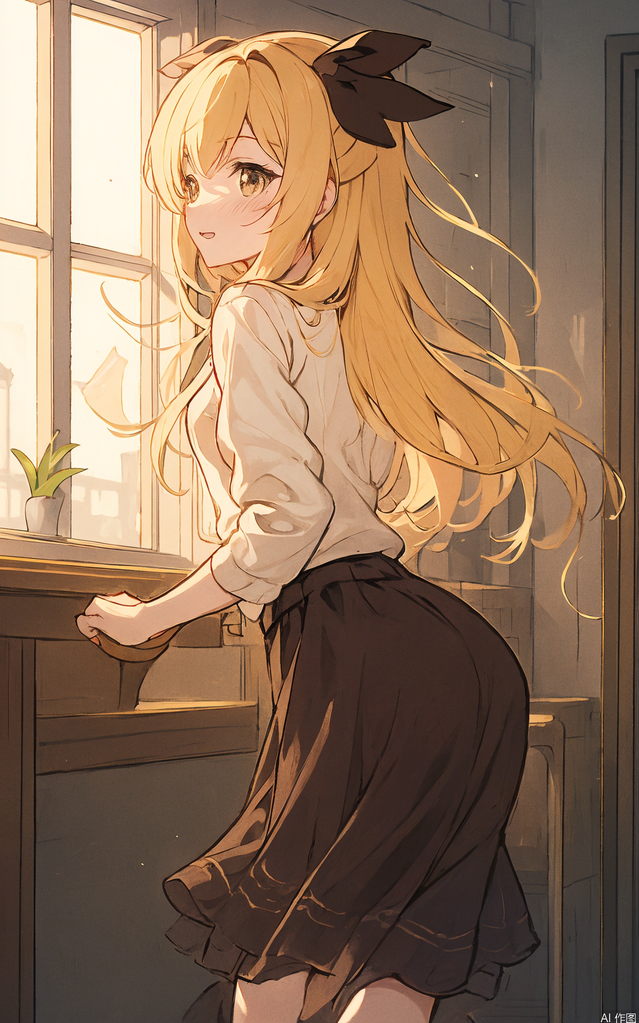 A vibrant classroom scene! YanQiaoke, a girl, stands by the window, wearing a yellow-cream shirt and brown skirt with a triangle pattern. She swivels her hips, twisting her backside in a playful jump. The sunlight streams through the window, creating a warm tingdal effect on her skin. Her expression exudes confidence and joy, as if she's taking in the scenery shot of the beautiful desk and surrounding view., yellow hair, Cream shirt,
