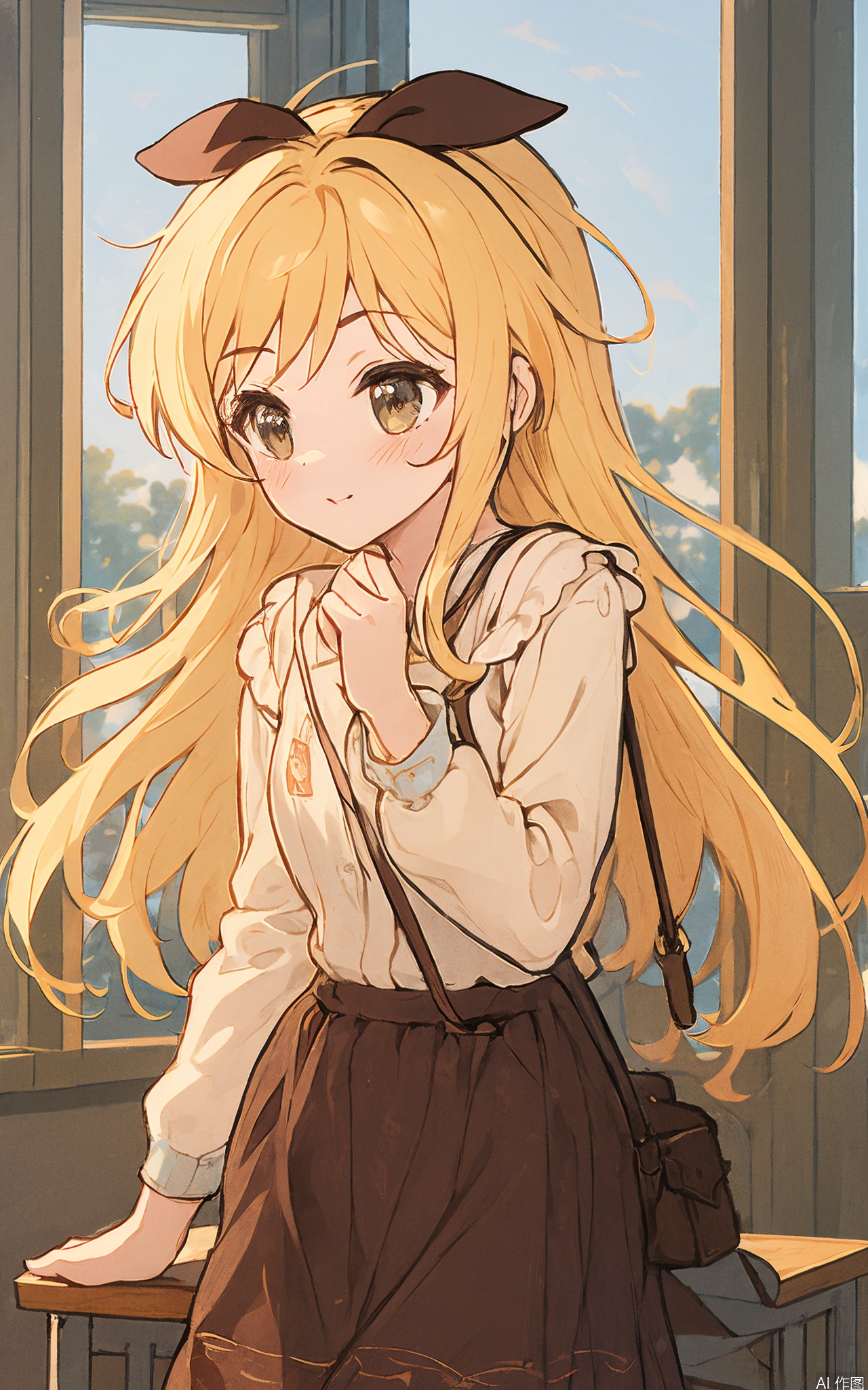 1girl,YanQiaoke:1.1,sunshine,in classroom, yellow hair, Cream shirt,Brown skirt
