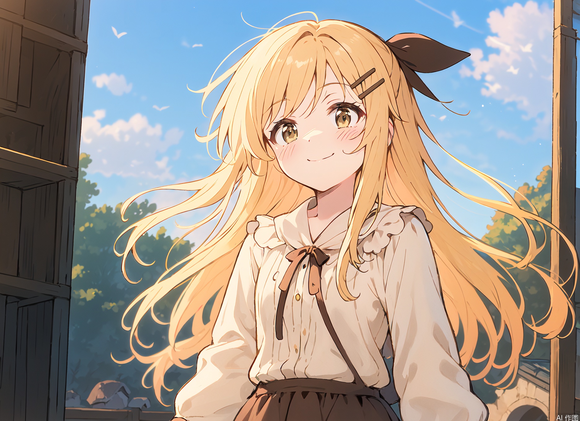 A kawaii girl, (YanQiaoke:1.1),  yellow hair, Cream shirt, Brown skirt, brown hairclip,  brown hair ornament, 
stands out against a brilliant blue sky with her bright yellow hair shining like a ray of sunshine. She tilts her head and gazes upwards, a gentle smile spreading across her face as the warm light dances across her features.