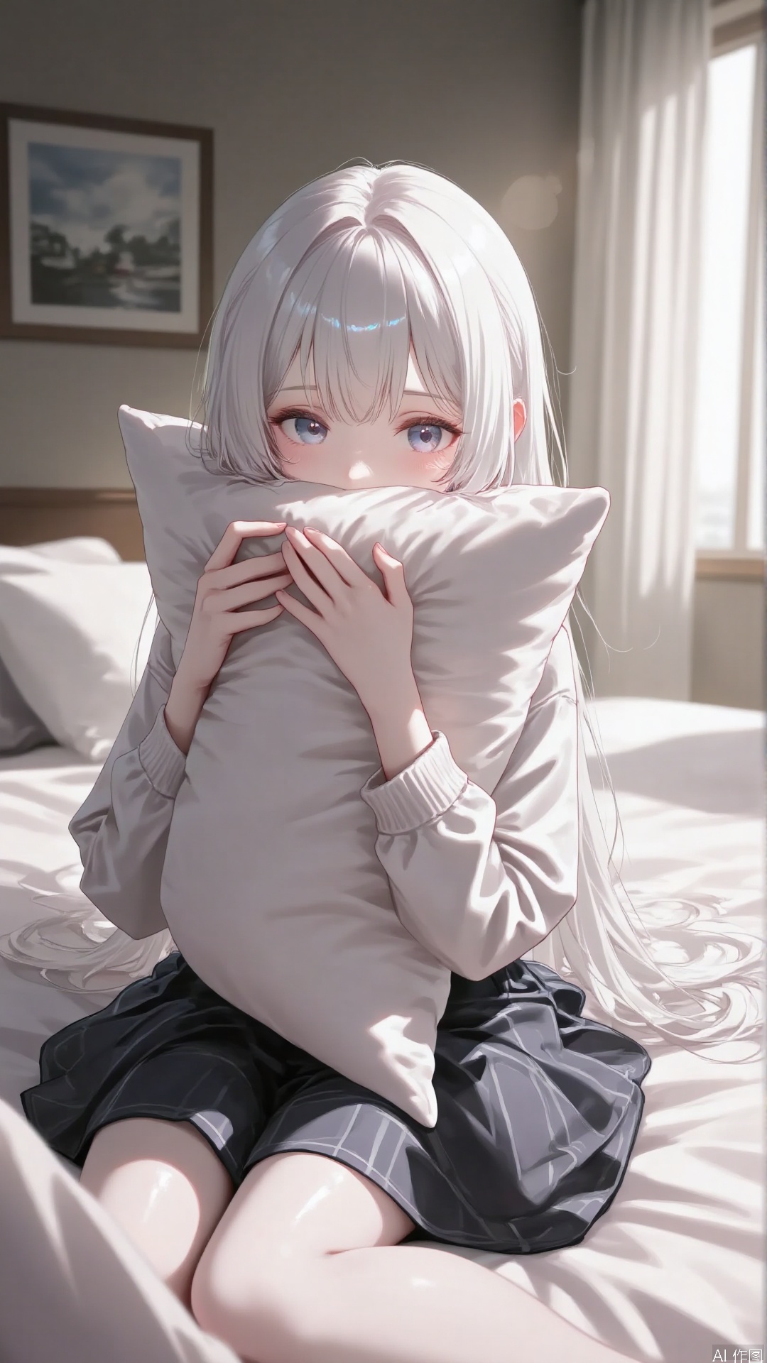 A girl, anime. Holding a pillow. Sitting on the bed.