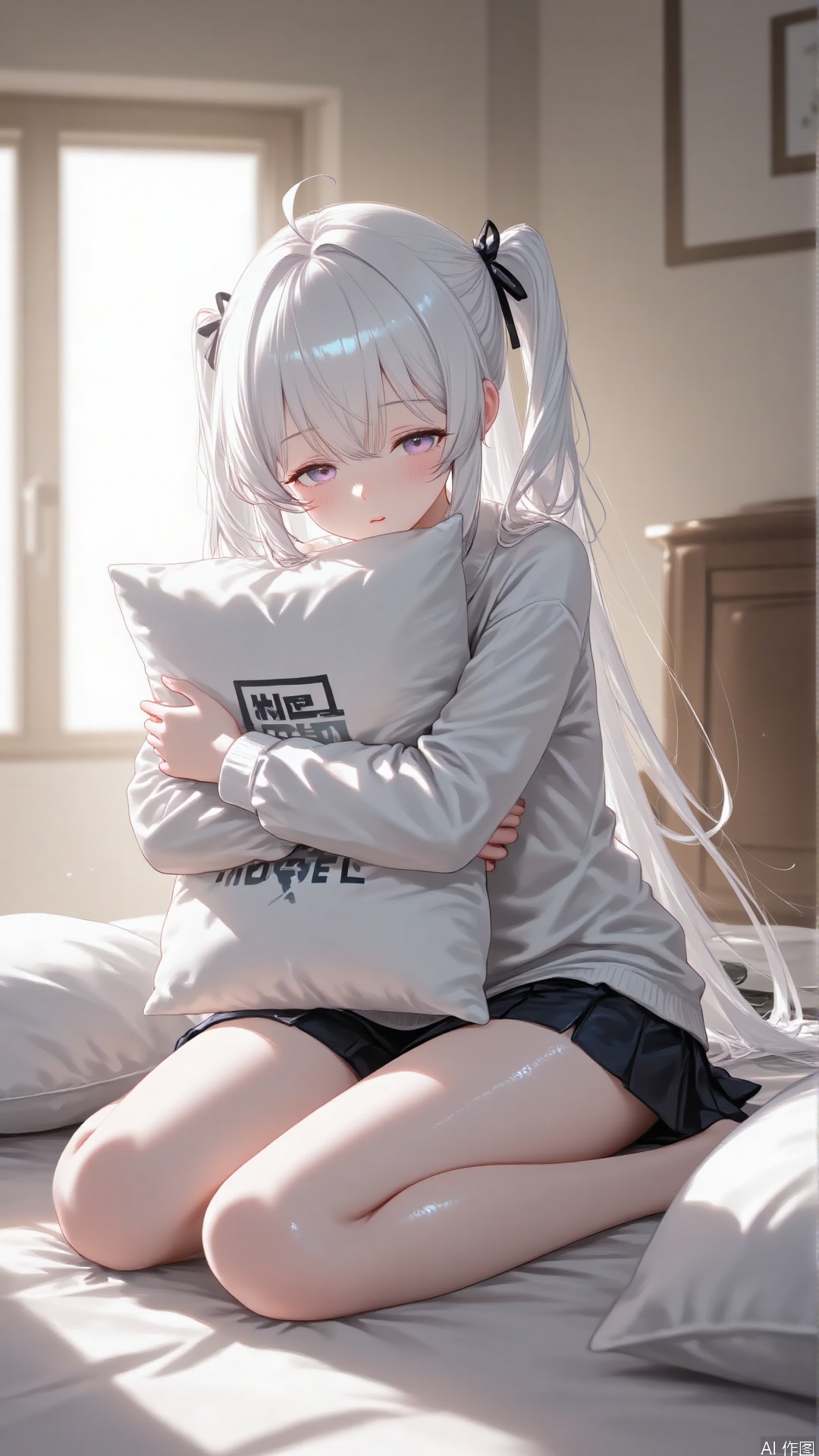 A girl, anime. Holding a pillow. Sitting on the bed.