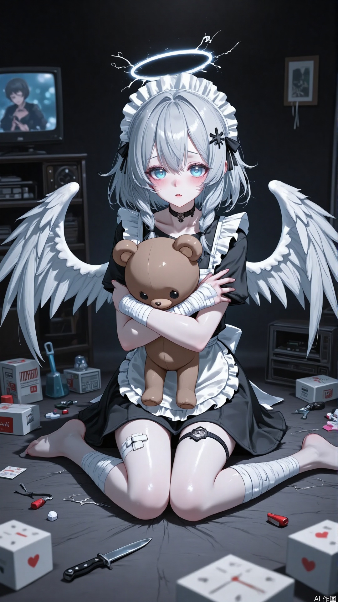Overall Style: The style of 2D anime, integrating dark and healing elements to create a unique atmosphere.
Art Style: Exquisite and delicate cel - shading style, with smooth lines, sharp color contrasts, and lighting effects enhancing the three - dimensional sense.
Composition: Central composition, with the character positioned in the center of the picture, drawing the viewer's attention, and surrounding elements arranged around the character to balance the picture.
Perspective: A平视(eye - level) perspective creates an intimate and direct visual experience, as if the viewer and the character are in the same space.
Expression: A sad and melancholy expression, tear - filled eyes, and a slightly downturned mouth, showing feelings of grievance and sadness.
Hairstyle: Short silver - white hair with a natural flowing feel, paired with side - swept bangs. Some of the hair is braided, and there is a cross - shaped hair accessory on the head to add a sense of design.
Action: Arms crossed, tightly hugging a wounded brown teddy bear doll. The posture conveys a sense of loneliness and a longing for comfort.
Clothing: A black - and - white maid outfit, a short - sleeved top with ruffled decorations, and a short skirt design, showing a cute yet somewhat dark style.
Makeup: A sheer base makeup, light blue eyeshadow to shade the eyes, and accentuated under - eye shadows to create a pitiful "crying makeup" effect.
Accessories: A black choker around the neck, bandages wrapped around the arms and legs, a black garter with a heart - shaped decoration on the leg, and a small knife inserted, adding a rebellious and mysterious atmosphere.
Decorations: White angel wings on the back, a melting halo above the head, adding a sense of divinity and brokenness; there are also medicine boxes and scattered pills nearby, strengthening the sense of vulnerability and helplessness.
Background: A dark - toned background with an old - fashioned television set, the screen showing a blurry image, and cleaning tools nearby, creating a压抑(oppressive) and slightly messy indoor environment.
Image Quality: High - resolution, with a clear and sharp picture, natural color transitions, rich details, and no jagged edges or blurriness.