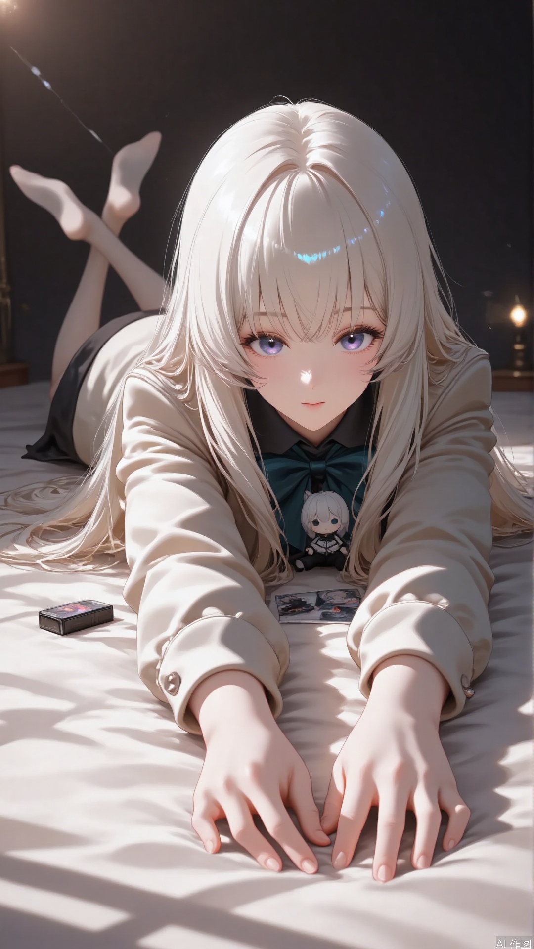 A girl, anime. lovely. Lying on the bed.