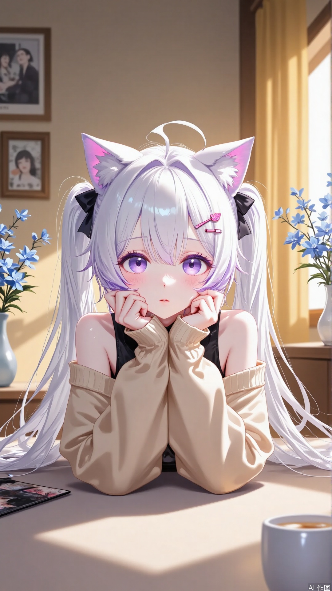 - Overall: A beautiful girl in the style of二次元(two - dimensional) anime, presenting a warm and comfortable atmosphere in the picture.
- Art Style: Exquisite thick - painting style, with soft and layered colors.
- Composition: Centered composition of the character to highlight the main subject.
- Perspective: Front - facing and eye - level perspective.
- Hairstyle: Long white hair in pigtails, with a light purple gradient at the ends and airy bangs.
- Pose: Elbows on the table, hands supporting the cheeks, a cute and lazy posture.
- Clothing: Loose off - the - shoulder beige knitted top, with a black inner layer.
- Makeup: Light purple eyeshadow matching the eyes, natural pink blush on the cheeks for a cute look.
- Accessories: The nails are painted purple, coordinated with the overall color scheme.
- Decorations: Cat ear headband, pink heart and arrow - crossed hairpin, black bow hair accessory.
- Background: Indoor scene, warm - toned lighting to create an atmosphere, with elements such as photo frames, a vase with blue flowers, blue flowers on the table, and a white cup.
- Image Quality: High - definition, rich in details, with realistic light and shadow effects.