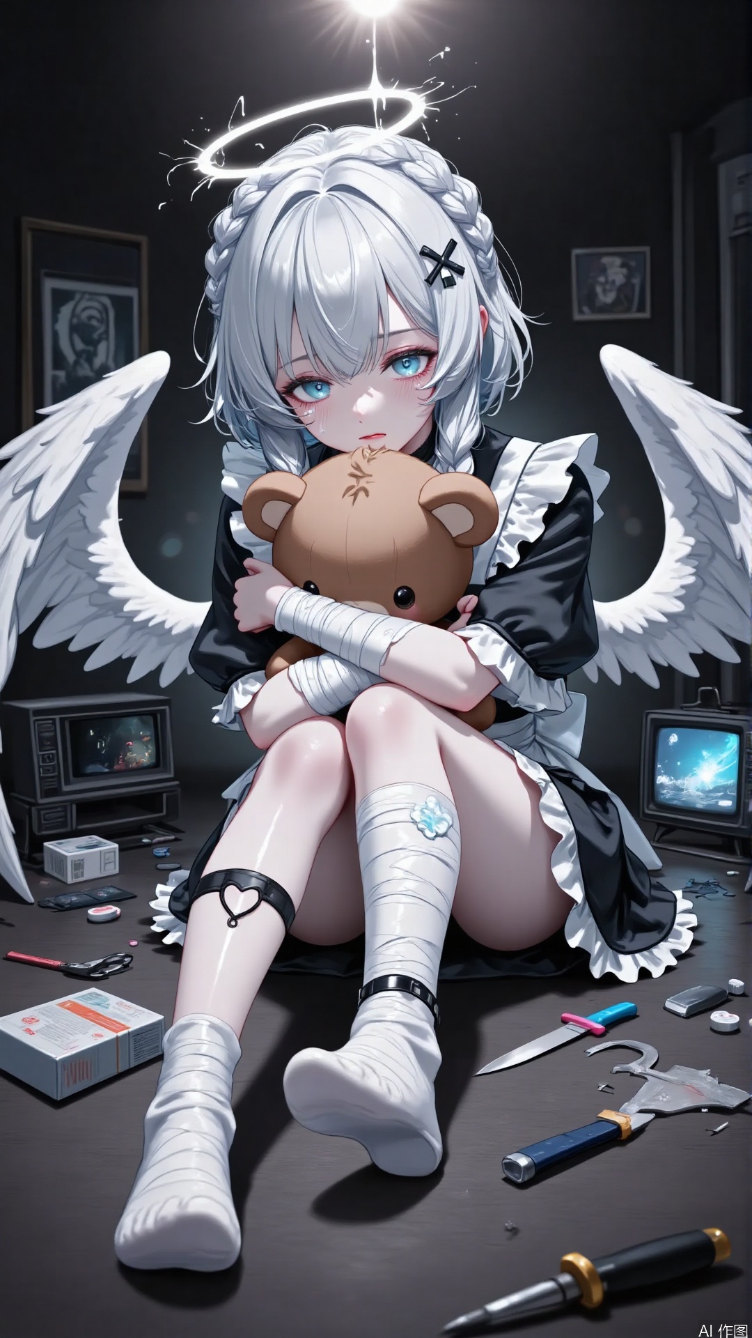 Overall Style: The style of 2D anime, integrating dark and healing elements to create a unique atmosphere.
Art Style: Exquisite and delicate cel - shading style, with smooth lines, sharp color contrasts, and lighting effects enhancing the three - dimensional sense.
Composition: Central composition, with the character positioned in the center of the picture, drawing the viewer's attention, and surrounding elements arranged around the character to balance the picture.
Perspective: A平视(eye - level) perspective creates an intimate and direct visual experience, as if the viewer and the character are in the same space.
Expression: A sad and melancholy expression, tear - filled eyes, and a slightly downturned mouth, showing feelings of grievance and sadness.
Hairstyle: Short silver - white hair with a natural flowing feel, paired with side - swept bangs. Some of the hair is braided, and there is a cross - shaped hair accessory on the head to add a sense of design.
Action: Arms crossed, tightly hugging a wounded brown teddy bear doll. The posture conveys a sense of loneliness and a longing for comfort.
Clothing: A black - and - white maid outfit, a short - sleeved top with ruffled decorations, and a short skirt design, showing a cute yet somewhat dark style.
Makeup: A sheer base makeup, light blue eyeshadow to shade the eyes, and accentuated under - eye shadows to create a pitiful "crying makeup" effect.
Accessories: A black choker around the neck, bandages wrapped around the arms and legs, a black garter with a heart - shaped decoration on the leg, and a small knife inserted, adding a rebellious and mysterious atmosphere.
Decorations: White angel wings on the back, a melting halo above the head, adding a sense of divinity and brokenness; there are also medicine boxes and scattered pills nearby, strengthening the sense of vulnerability and helplessness.
Background: A dark - toned background with an old - fashioned television set, the screen showing a blurry image, and cleaning tools nearby, creating a压抑(oppressive) and slightly messy indoor environment.
Image Quality: High - resolution, with a clear and sharp picture, natural color transitions, rich details, and no jagged edges or blurriness.