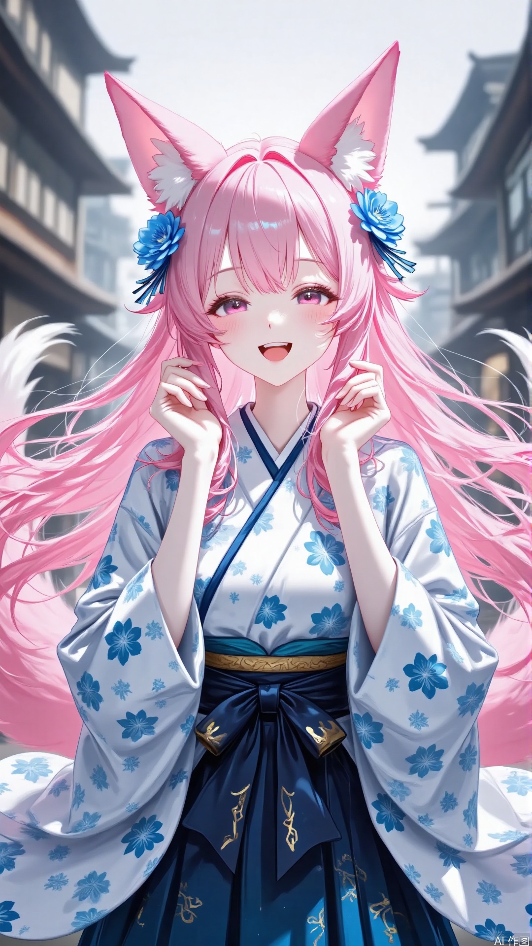 - Overall: An anime - style beautiful girl in the two - dimensional genre, with the picture brimming with a lively and cheerful atmosphere.
- Art Style: A typical Japanese - style two - dimensional art style, featuring delicate and smooth lines, vivid and bright colors, and strong visual impact.
- Composition: The character is positioned at the center of the picture, adopting a central composition that emphasizes the subject and gives a sense of balance and stability visually.
- Perspective: Front - facing and eye - level perspective, enabling a clear view of the character's facial expressions and overall appearance.
- Hairstyle: Long light - pink hair, with strands fluttering in the wind, full of dynamism, and abundant with a sense of layering.
- Pose: Both hands raised, gently grasping the hair, the posture is lively, showing a joyful and cheerful mood.
- Clothing: Traditional Japanese kimono. The upper garment has a white base with blue floral patterns, the lower skirt is dark blue with golden embellishments, and a dark - colored bow - shaped obi is tied around the waist, exuding a classic and elegant charm.
- Makeup: Natural eye makeup, curved eyebrows and eyes, pink blush on the cheeks, and a light pink lip color. The overall makeup is fresh and sweet, highlighting the girl's cuteness.
- Accessories: There are no obvious additional accessories, mainly focusing on the style of the kimono itself.
- Decorations: Pink fox ear hair accessories, adding a bit of a playful kitsune (fox - like) charm; blue floral hair ornaments in the hair, echoing the patterns on the kimono.
- Background: Blurred outlines of Japanese - style buildings, possibly a street or courtyard scene, with bright lighting, creating an outdoor setting.
- Image Quality: High - definition. The picture is rich in details, with meticulous handling of the character's hair strands, clothing textures, and color transitions.