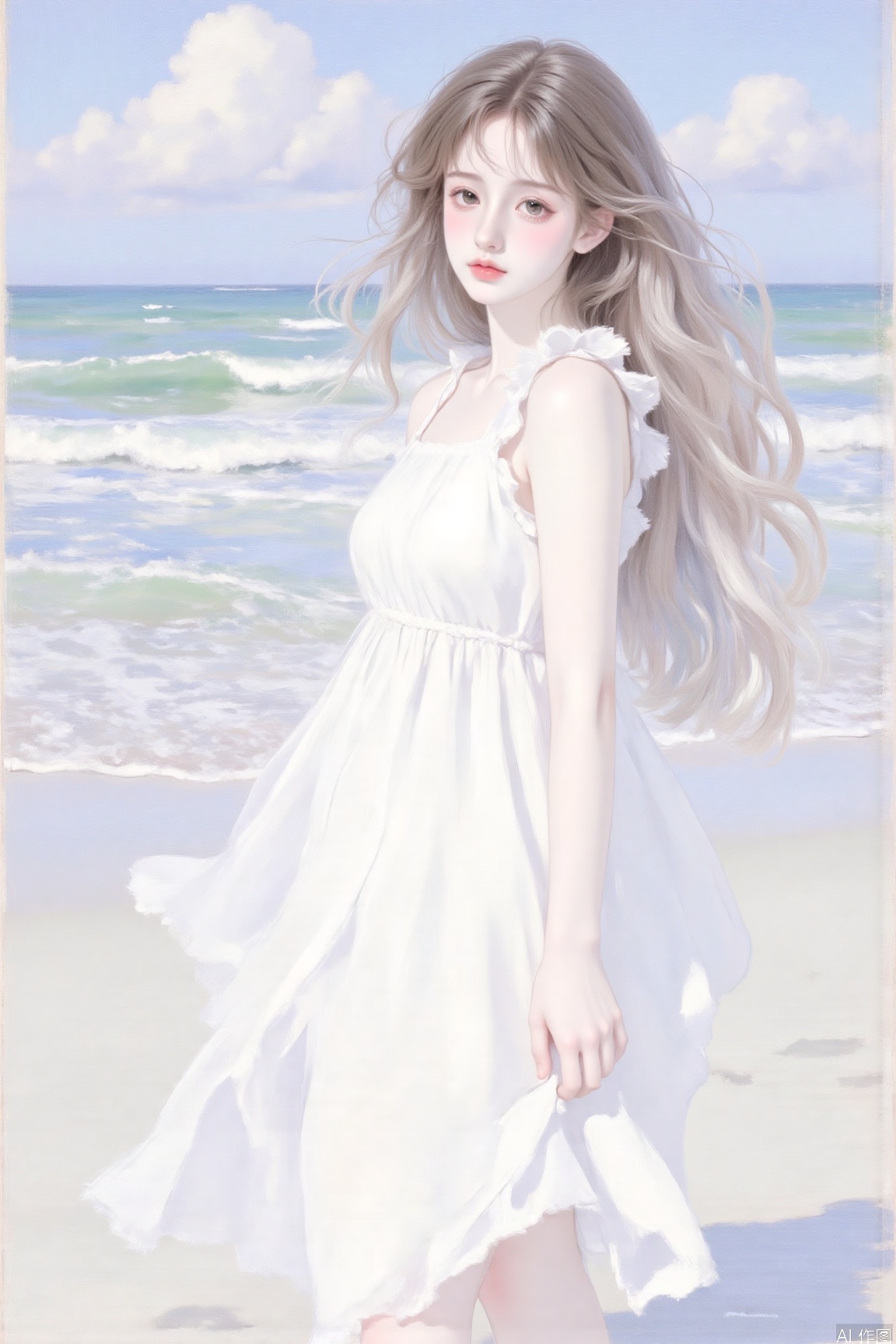 1girl, solo, long hair, looking at viewer, brown hair, dress, brown eyes, standing, outdoors, sky, day, water, white dress, ocean, beach,Oil Paintings by Nicolai Fechin,Fechin