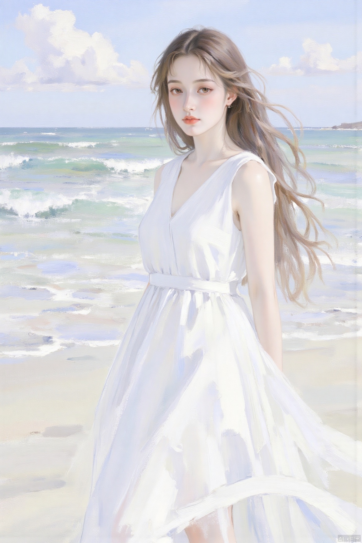1girl, solo, long hair, looking at viewer, brown hair, dress, brown eyes, standing, outdoors, sky, day, water, white dress, ocean, beach,Oil Paintings by Nicolai Fechin,Fechin