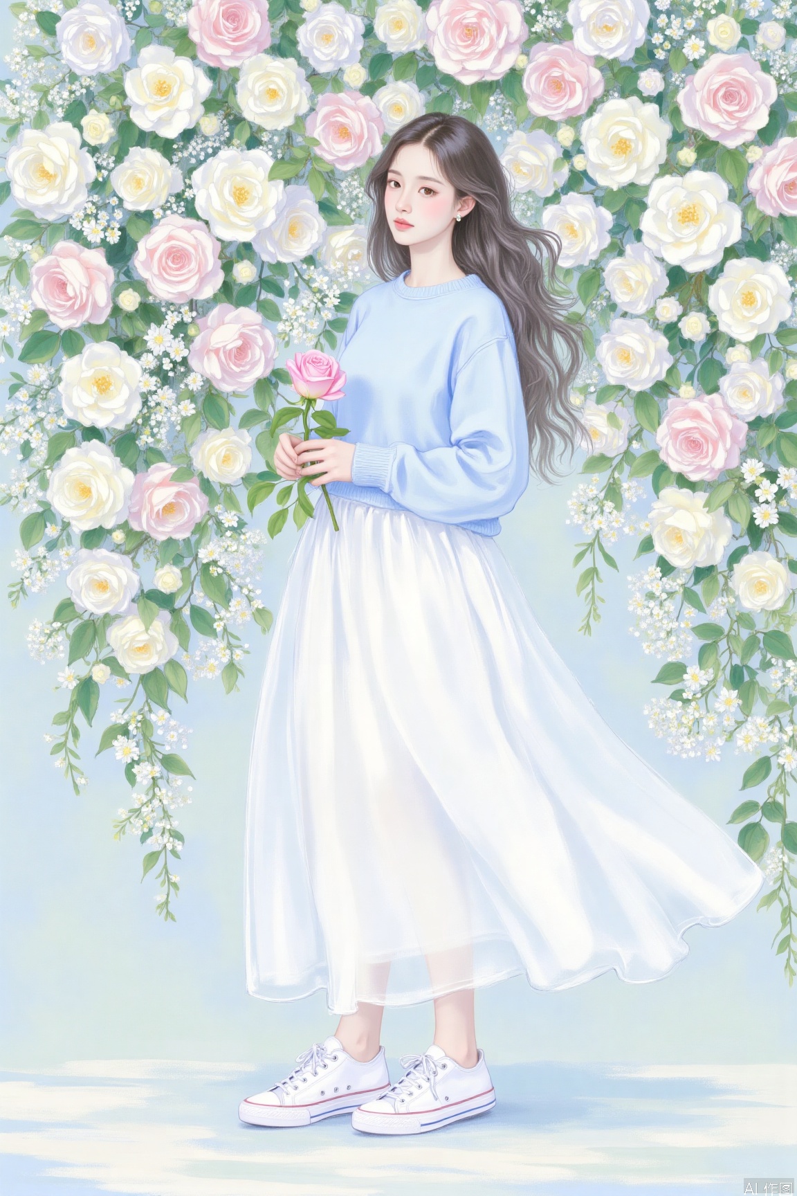 The image depicts a young woman standing in front of a lush backdrop of blooming flowers. She is dressed in a light blue sweater and a flowing white skirt, paired with white sneakers. Her hair is styled in loose waves, and she holds a single pink rose in her hands. The background is filled with a variety of flowers, including roses in shades of pink, white, and yellow, creating a serene and picturesque scene. The overall color palette is soft and pastel, enhancing the dreamy and tranquil atmosphere of the image.