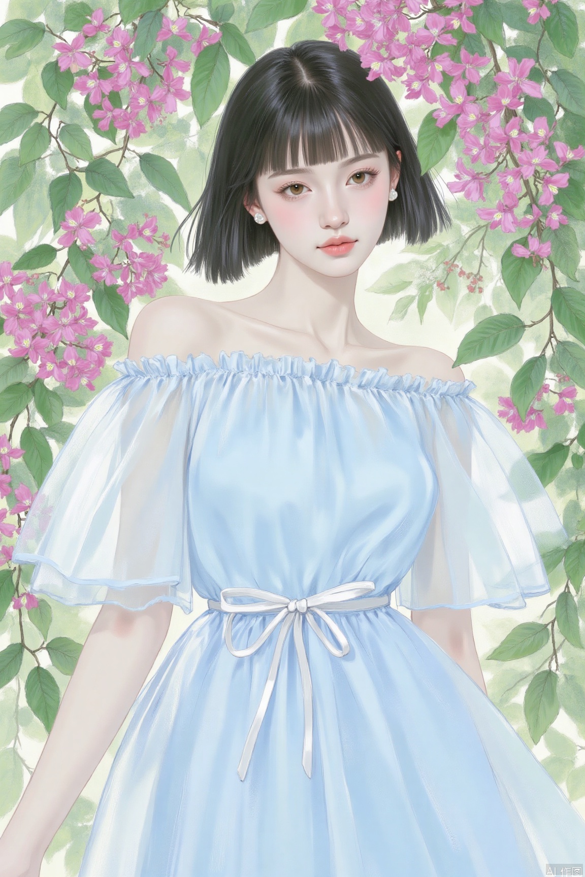 The image depicts a young woman with short black hair styled into a bob cut. She is wearing a light blue off-shoulder dress with sheer, layered sleeves and a white ribbon tied around her waist. The background features lush green foliage and vibrant pink flowers, creating a serene and natural setting. The woman's expression is calm and composed, and she is looking directly at the viewer. The overall atmosphere of the image is peaceful and harmonious, with a focus on the delicate details of her attire and the surrounding natural elements.