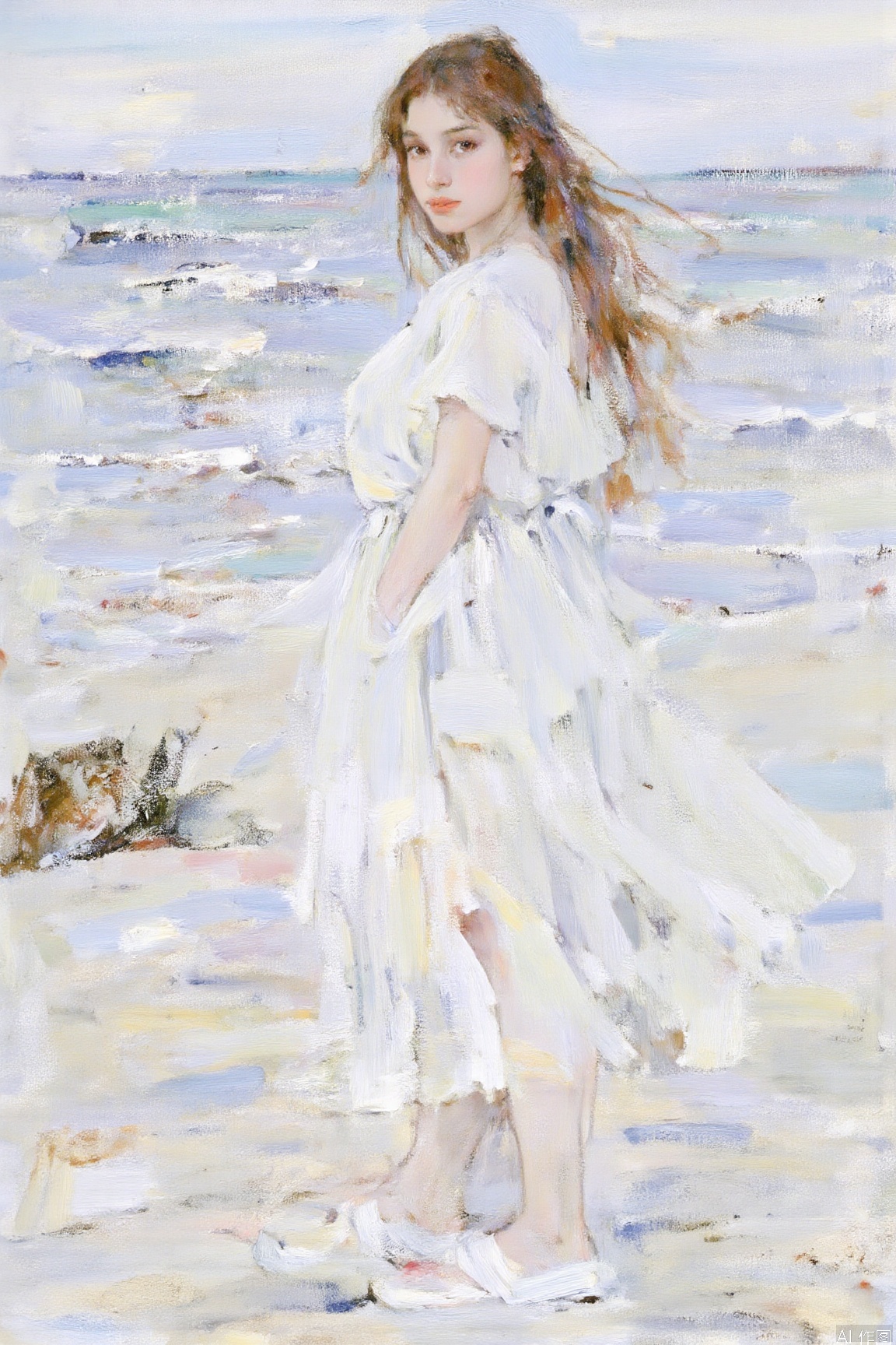 1girl, solo, long hair, looking at viewer, brown hair, dress, brown eyes, standing, outdoors, sky, day, water, white dress, ocean, beach,Oil Paintings by Nicolai Fechin,Fechin
