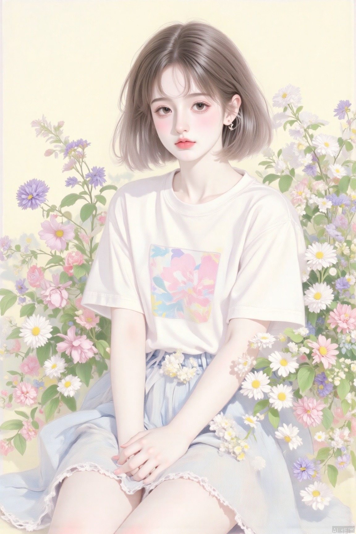 (Flat color: 1.2) The screen imitates the Gucci style with a yellow background. A girl is surrounded by flowers and plants in the flower bushes, and her clothing is mainly white short T-shirts without headwear; The screen content presents many types of flowers (with more and smaller flowers), and the picture quality is soft and clear;