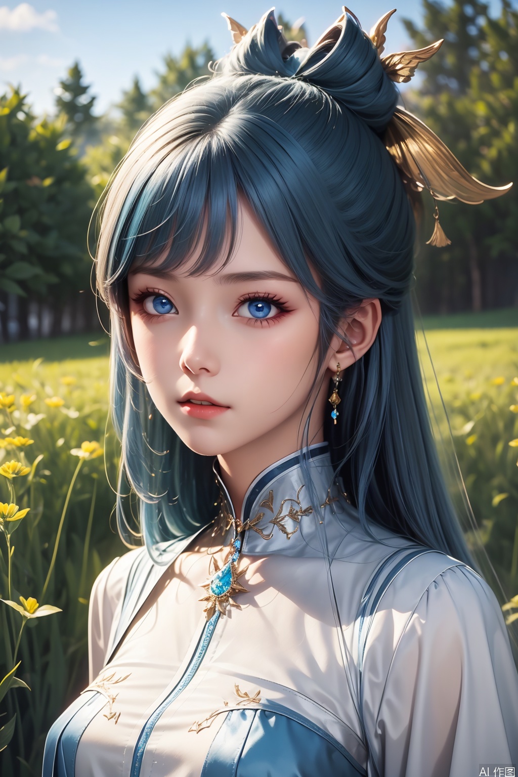 Face illumination, 1girl, solo, long hair, looking at viewer, blue eyes, hair ornament, dress, jewelry, blue hair, earrings,masterpiece,best quality,official art,extremely detailed CG unity 8k wallpaper,
upper body,looking at viewer,in a meadow,