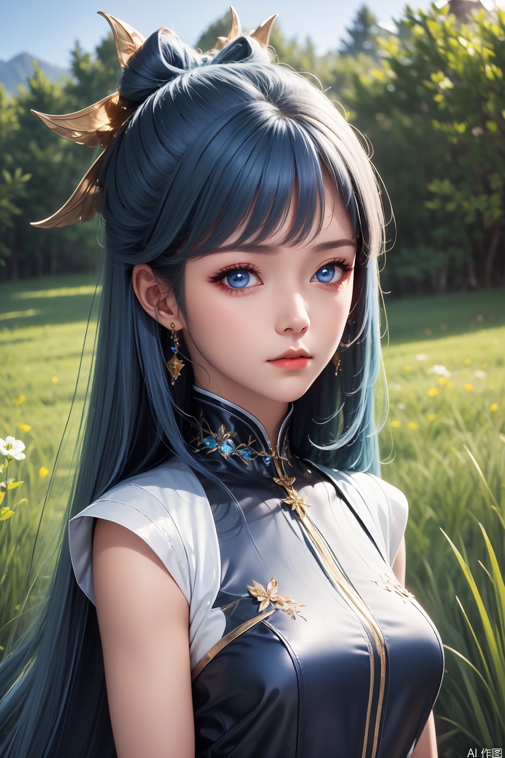 Face illumination, 1girl, solo, long hair, looking at viewer, blue eyes, hair ornament, dress, jewelry, blue hair, earrings,masterpiece,best quality,official art,extremely detailed CG unity 8k wallpaper,
upper body,looking at viewer,in a meadow,