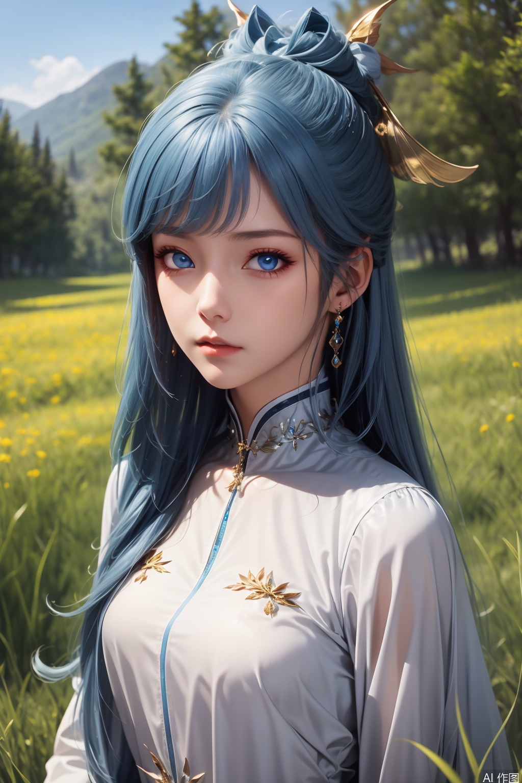 Face illumination, 1girl, solo, long hair, looking at viewer, blue eyes, hair ornament, dress, jewelry, blue hair, earrings,masterpiece,best quality,official art,extremely detailed CG unity 8k wallpaper,
upper body,looking at viewer,in a meadow,