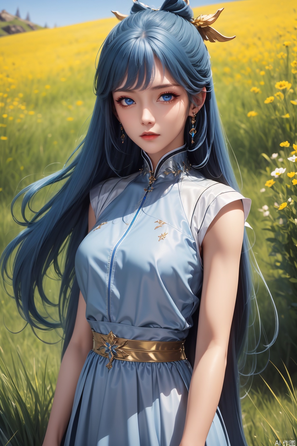 Face illumination, 1girl, solo, long hair, looking at viewer, blue eyes, hair ornament, dress, jewelry, blue hair, earrings,masterpiece,best quality,official art,extremely detailed CG unity 8k wallpaper,
upper body,looking at viewer,in a meadow,