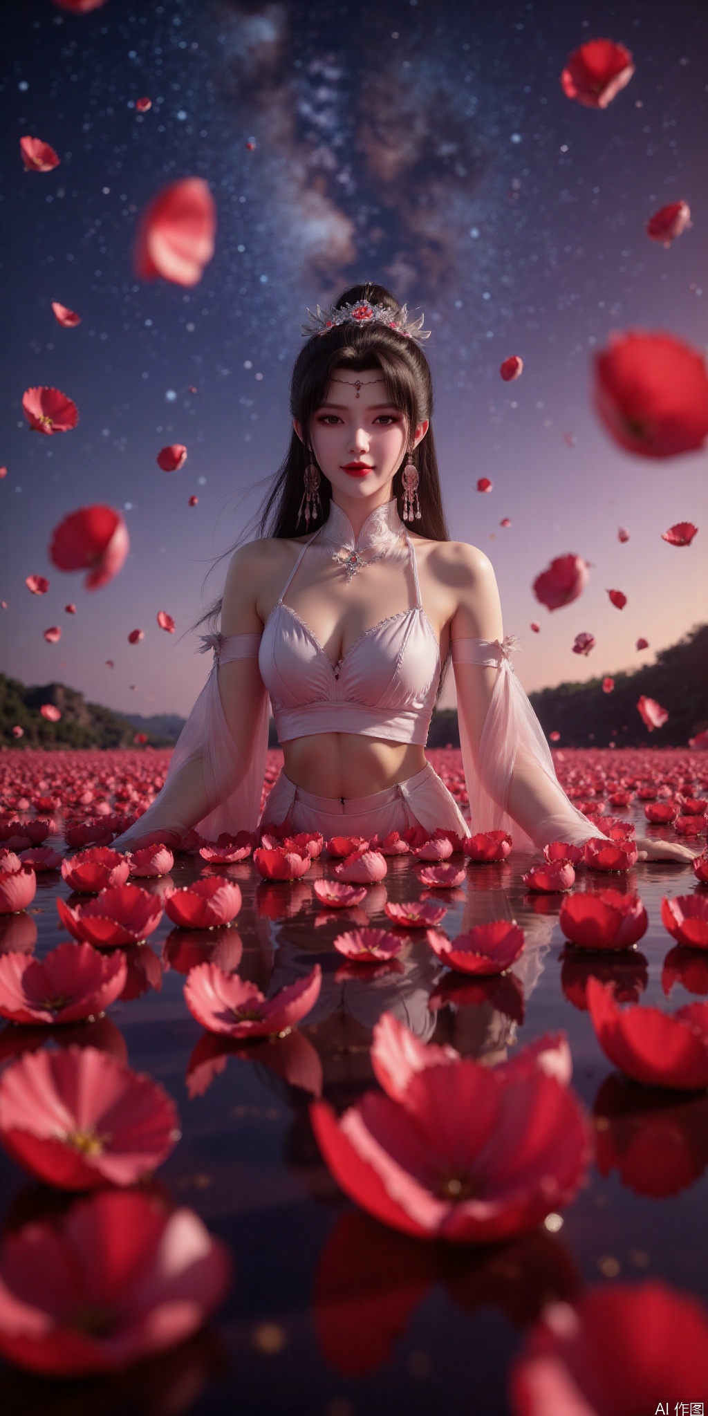 , DSLR Quality,Depth of field ,looking_at_viewer,Dynamic pose, , kind smile,1girl , 8k resolution, Masterpiece quality, High detail. from below, Fantasy theme, cropped. {(1 girl:1.5),(close to viewer:1.8), ((looking at viewer:2), beautiful face, ), ((worm's eye shot:1.2)),perspective distortion}, (Panoramic view, fisheye lens effect:1.1). {(Strong backlighting, underexposure:1.4), (blocked shadows:0.8), depth of field(at 100mm focal length:1.2)}, (horizon:0.7), low key earth. the starry sky feathering into the background, creating a sense of depth and gradient. Incorporating Droste Effect(an endless repetition and reflection:1.2). Surrounded by fluttering rose petals, reflected or casting dramatic shadows and highlights, {(meteor shower, planets:1.1), (Vermilion Comet:1.3)}. mesmerizing effect, a dreamlike ambiance of infinity. A vortex of rose petals, a starry sky vortex, , as, vortex, tyjf,