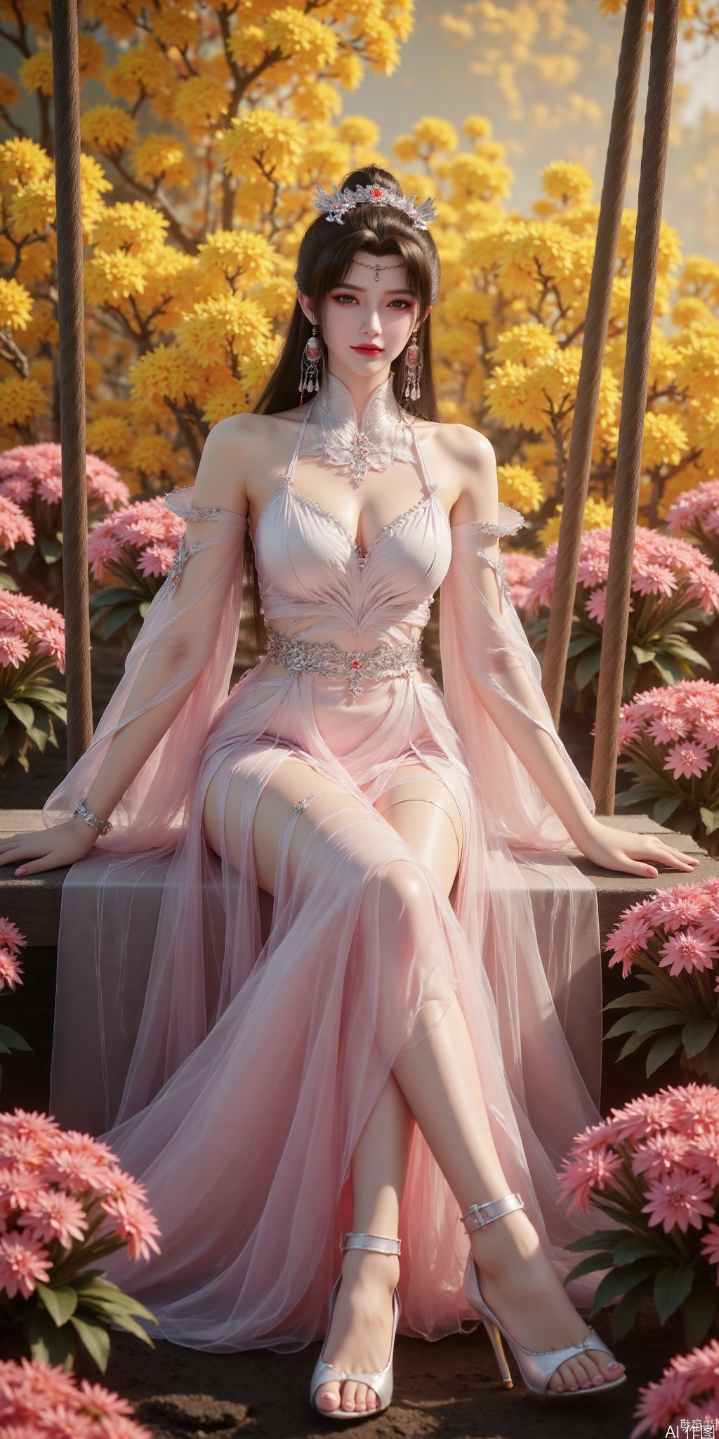 surreal warm cinematic full body shot photography, Kodak Professional Portra 160, 良好解剖结构,真人肌肤纹理, 4K画质,完美身材,1girl,looking_at_viewer,navel,,exquisite diamond-encrusted high heels, ,kind smile,
an impressionistic painting is rendered in a hyper-FLUX.1-dev-8steps Lora/ with Kanto as its backdrop. 
The image centers around a young woman/ exuding melancholic reverie/ nestled amidst a phantasmagoric explosion of chromatic hues.
The woman is depicted on a swing/ enveloped by an extravagant bloom of flora whose diaphanous white gown billows elegantly around her.
The camera angle is slightly low/ imbuing the composition with a gentle ascent and enhancing the whimsical quality of the scene. 
The background dissolves into a symphony of warm yellows/ suggesting a radiant sun-drenched afternoon that merges seamlessly with the woman's dreamy surroundings.
The painting exhibits volumetric lighting/ tenebrism/ and subtle halation/ along with high contrast/ film grain/ teal and orange color grading/ and a high dynamic range.
The S-curve gamma lends an ethereal quality to the entire piece while imbuing it with a sense of ephemeral beauty tinged by wistfulness. 
This artwork is truly a Luminous Shadowscape in which every detail shines/ from the woman's delicate features and flowing hair to her intricate gown and the lush/ vibrant flora surrounding her.
, real,(realistic),photo realistic, photography,highly detailed,(masterpiece),(high quality),best quality,super detailed,full detail,4k,8k,realistic lighting, norender,