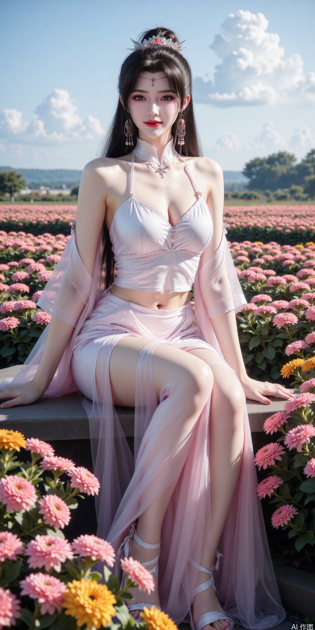 真人肌肤纹理, 4K画质,完美身材,long legs,big_breasts,navel,,(Good structure), DSLR Quality,Depth of field,kind smile,looking_at_viewer,Dynamic pose,, best quality, masterpiece, illustration, (reflection light), incredibly absurdres, ((Movie Poster), (signature:1.3), (English text), 1girl, girl middle of flower, pure sky,clear sky, outside, collarbone, sitting, absurdly long hair, clear boundaries of the cloth, white dress, fantastic scenery, ground of flowers, thousand of flowers, colorful flowers, flowers around her, various flowers,bare shoulders,skirt, sandals,