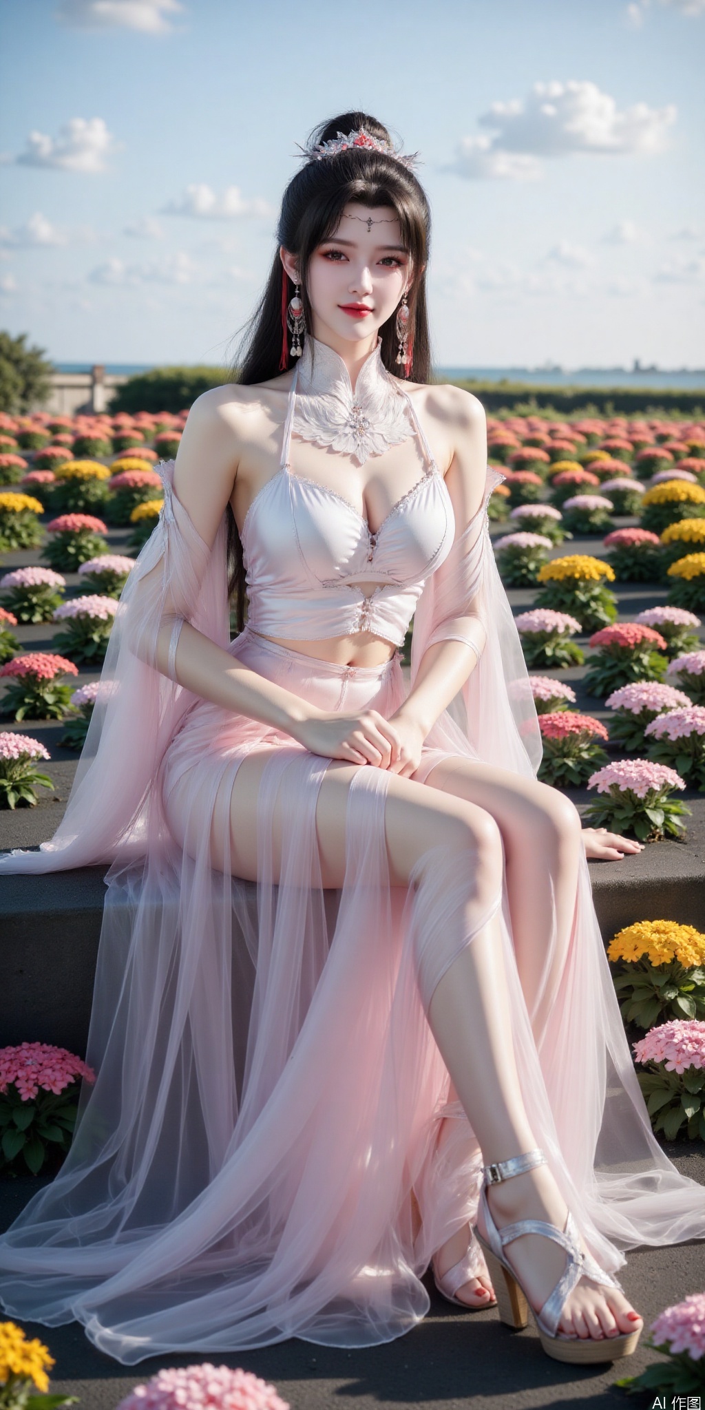真人肌肤纹理, 4K画质,完美身材,long legs,big_breasts,navel,,(Good structure), DSLR Quality,Depth of field,kind smile,looking_at_viewer,Dynamic pose,, best quality, masterpiece, illustration, (reflection light), incredibly absurdres, ((Movie Poster), (signature:1.3), (English text), 1girl, girl middle of flower, pure sky,clear sky, outside, collarbone, sitting, absurdly long hair, clear boundaries of the cloth, white dress, fantastic scenery, ground of flowers, thousand of flowers, colorful flowers, flowers around her, various flowers,bare shoulders,skirt, sandals,