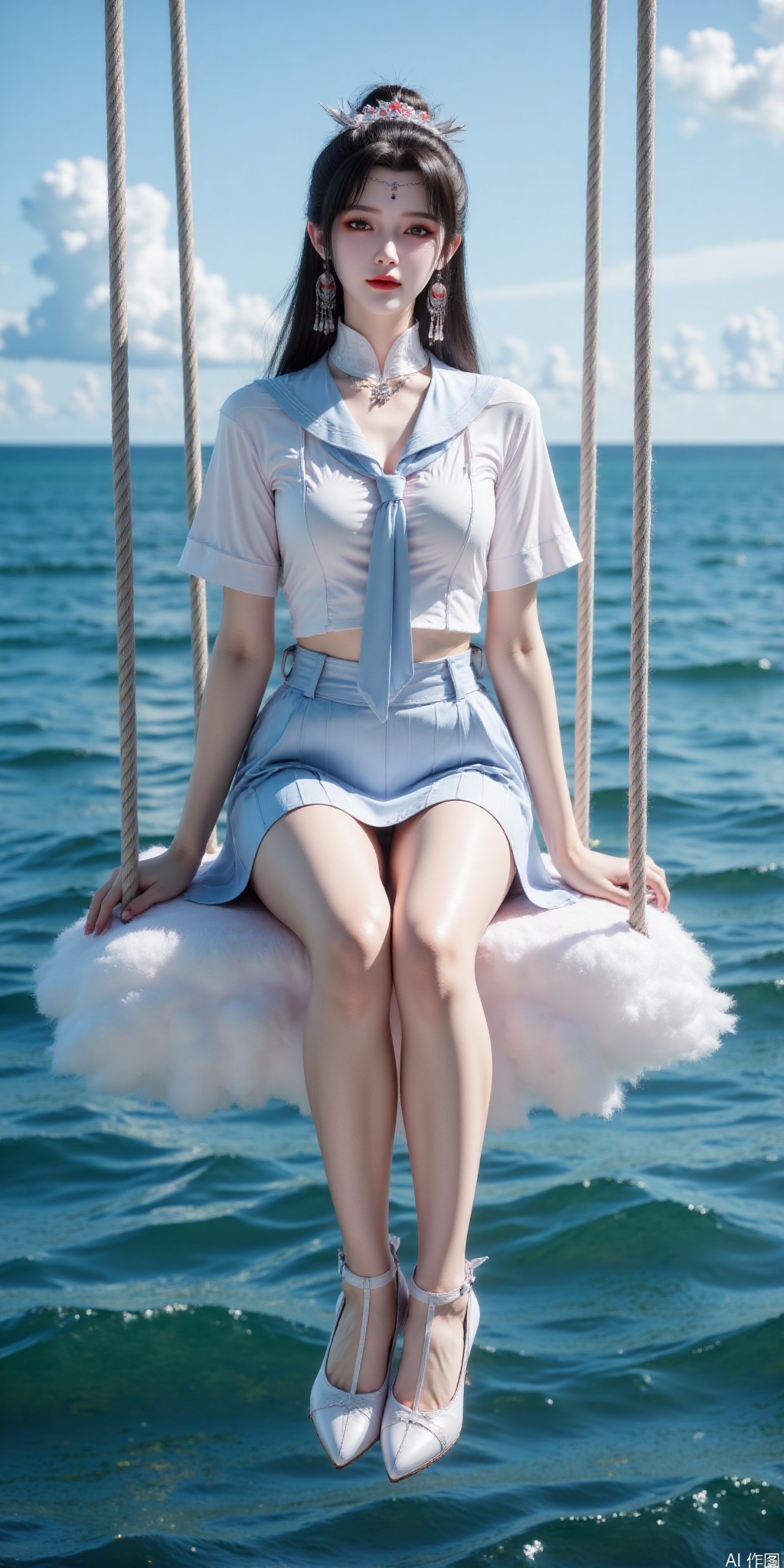真人肌肤纹理, 4K画质,完美身材,long legs,Film texture, film and television, surrealism, a girl with a delicate face is sitting on a cloud swing. The girl is wearing a jk sailor uniform, a white short-sleeved shirt, light blue stripes trimming, a light blue tie, white blue pleated skirt, exquisite diamond-encrusted high heels, swing rope The sub is connected to a cloud in the sky, the background is a vast ocean, the water shows a consistent blue-green tone, the sky is also blue-green, blending with the ocean, perfect light and shadow, hyper-realistic photography, sharpening, artistic conception, Consciousness, large areas of blank space, sense of space, haziness, dreams, fog,liumei