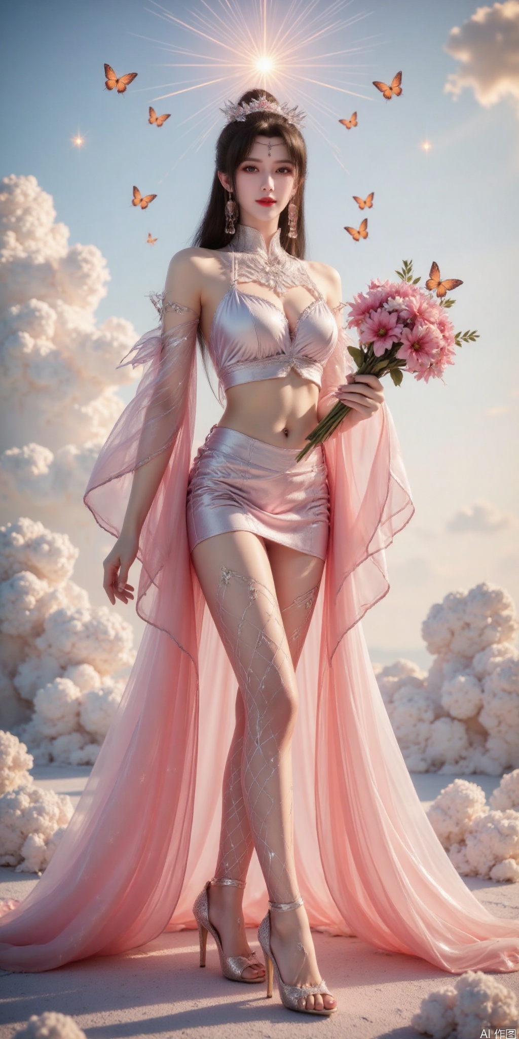 surreal warm cinematic full body shot photography, Kodak Professional Portra 160, 1girl,looking_at_viewer,navel,,exquisite diamond-encrusted high heels, ,kind smile,. , argyle legwear,star \(symbol\),super long legs, ,realistic,,pose for picture,Dynamic posture, ,良好解剖结构,真人肌肤纹理, 4K画质,完美身材,
The image depicts a serene and ethereal scene with a woman standing amidst a cloud-filled sky. She is dressed in a flowing, Short tops and skirts adorned with intricate gold patterns,
giving her an otherworldly and regal appearance. Her long, hair cascades down her back, 
and she holds a bunch of flowers  , which extends upwards and is illuminated by a radiant light. Surrounding her are numerous butterflies, their delicate wings shimmering in the soft light. The background consists of a sky filled with fluffy, white clouds, creating a dreamy and mystical atmosphere. The overall composition exudes a sense of tranquility and otherworldly beauty.,