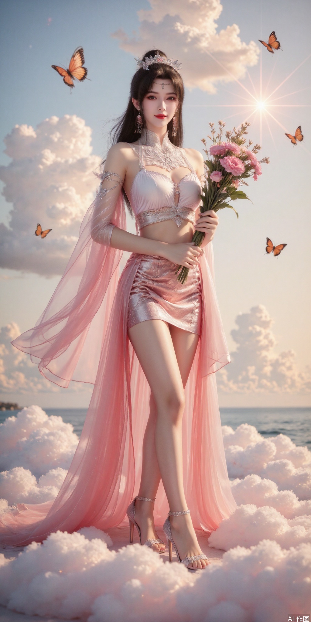 surreal warm cinematic full body shot photography, Kodak Professional Portra 160, 1girl,looking_at_viewer,navel,,exquisite diamond-encrusted high heels, ,kind smile,. , argyle legwear,star \(symbol\),super long legs, ,realistic,,pose for picture,Dynamic posture, ,良好解剖结构,真人肌肤纹理, 4K画质,完美身材,
The image depicts a serene and ethereal scene with a woman standing amidst a cloud-filled sky. She is dressed in a flowing, Short tops and skirts adorned with intricate gold patterns,
giving her an otherworldly and regal appearance. Her long, hair cascades down her back, 
and she holds a bunch of flowers  , which extends upwards and is illuminated by a radiant light. Surrounding her are numerous butterflies, their delicate wings shimmering in the soft light. The background consists of a sky filled with fluffy, white clouds, creating a dreamy and mystical atmosphere. The overall composition exudes a sense of tranquility and otherworldly beauty.,