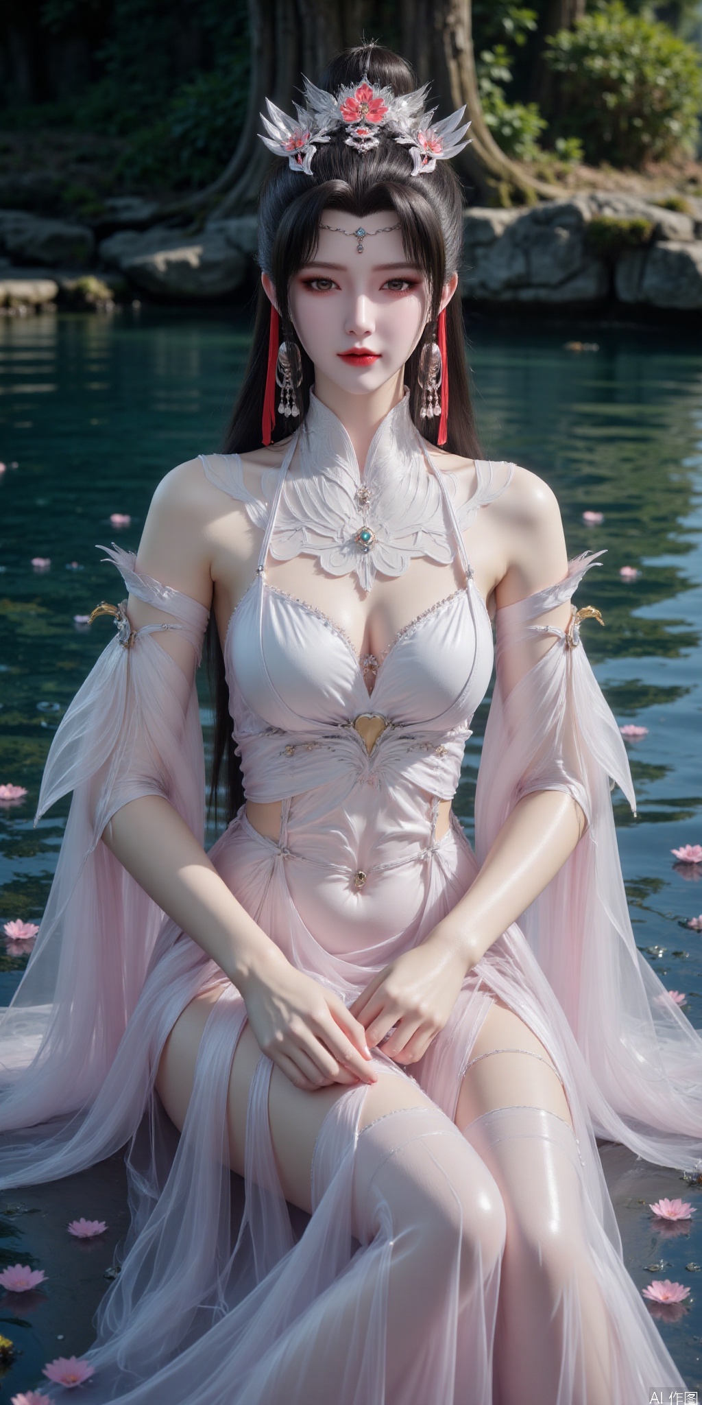 The image depicts a serene and ethereal scene with a female character sitting in a body of water. She has long, flowing  hair adorned with delicate flowers and golden ornaments, including a prominent headpiece resembling a crown. Her attire is a white, flowing gown embellished with intricate gold patterns and blue gemstones. The water around her is clear, with small bubbles and floating petals, creating a magical atmosphere. The background features a blurred natural setting with trees and rocks, enhancing the mystical and tranquil ambiance. The overall composition is highly detailed and visually captivating, with a focus on the character's peaceful expression and the enchanting surroundings.,liumei