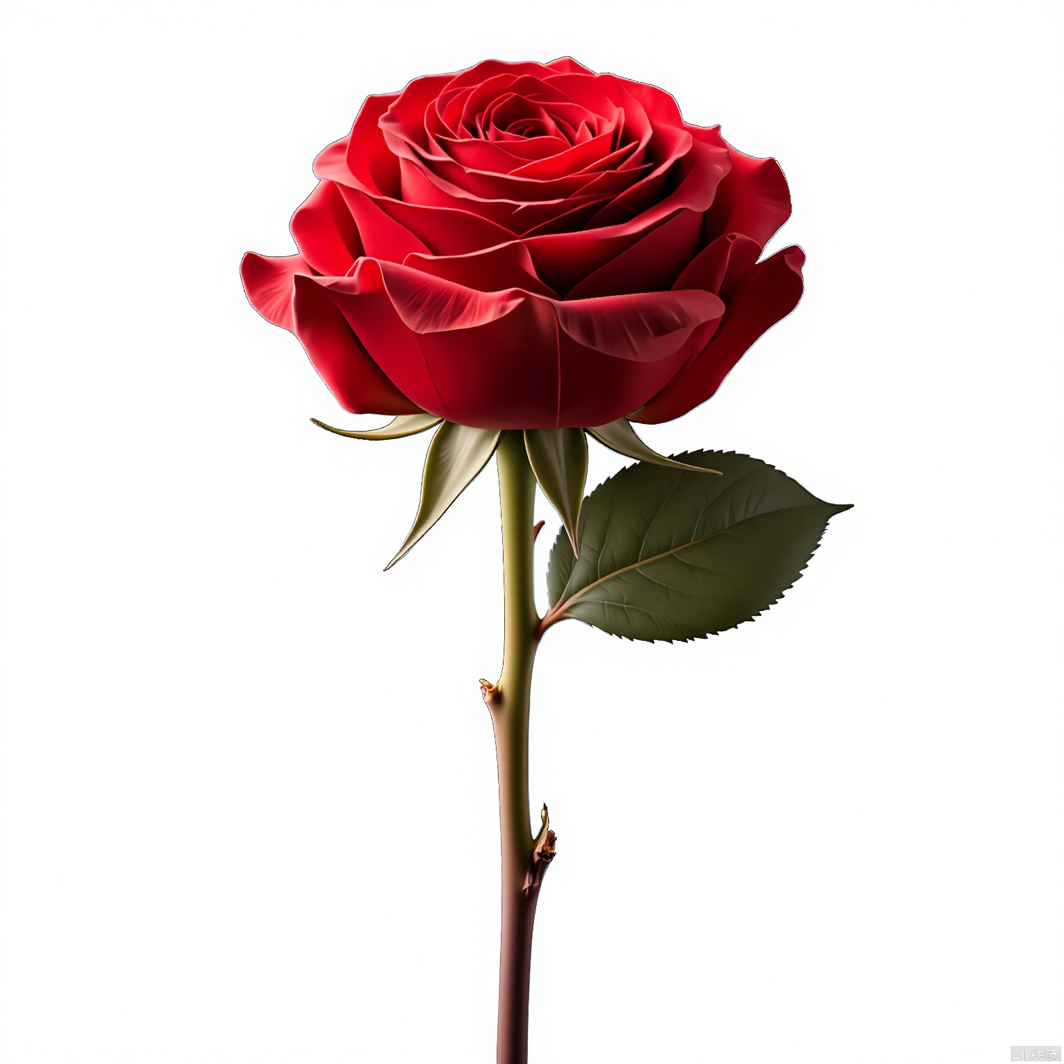HYS, Photograph of a single red rose with lush green leaves, set against a pure white background. The rose is in full bloom, with velvety petals that are slightly curled at the edges, showcasing a rich, deep red color. The stem is slender and brown, with two prominent green leaves attached. The lighting is soft and even, highlighting the delicate textures of the petals and leaves. The overall composition is simple and elegant, focusing on the beauty of the flower.