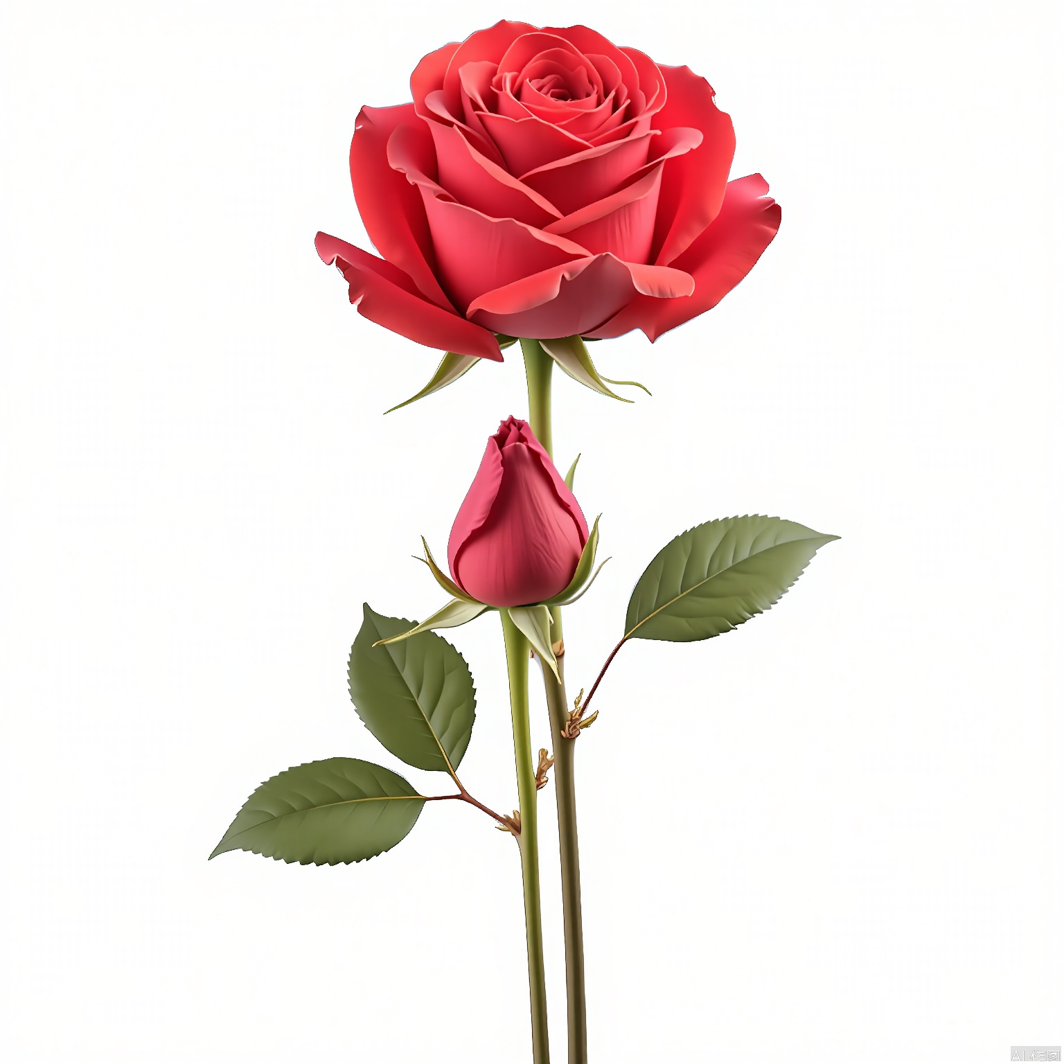 HYS, Photograph of two red roses, one fully bloomed and the other in the process of opening, against a plain white background. The roses have lush, velvety petals and green leaves with a slightly serrated edge. The stems are thin and slightly curved. The roses are centered in the frame, with the fully bloomed rose above the partially bloomed one. The lighting is soft and even, highlighting the natural beauty and texture of the flowers.