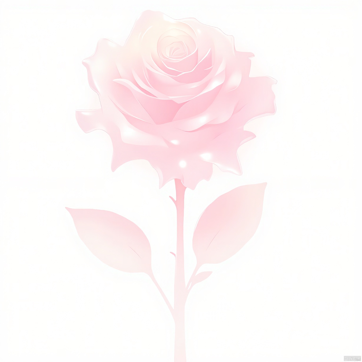 HYS, A digital artwork of a delicate, pink rose with a soft, ethereal glow. The rose has a velvety texture, with petals that appear almost translucent, giving it a dreamy, otherworldly quality. The stem is slender and green, with a few leaves that are also pink, matching the color of the rose. The background is pure white, making the rose the focal point of the image. The overall style is soft and romantic, with a gentle, glowing light source that highlights the rose's beauty. The image conveys a sense of elegance and purity.