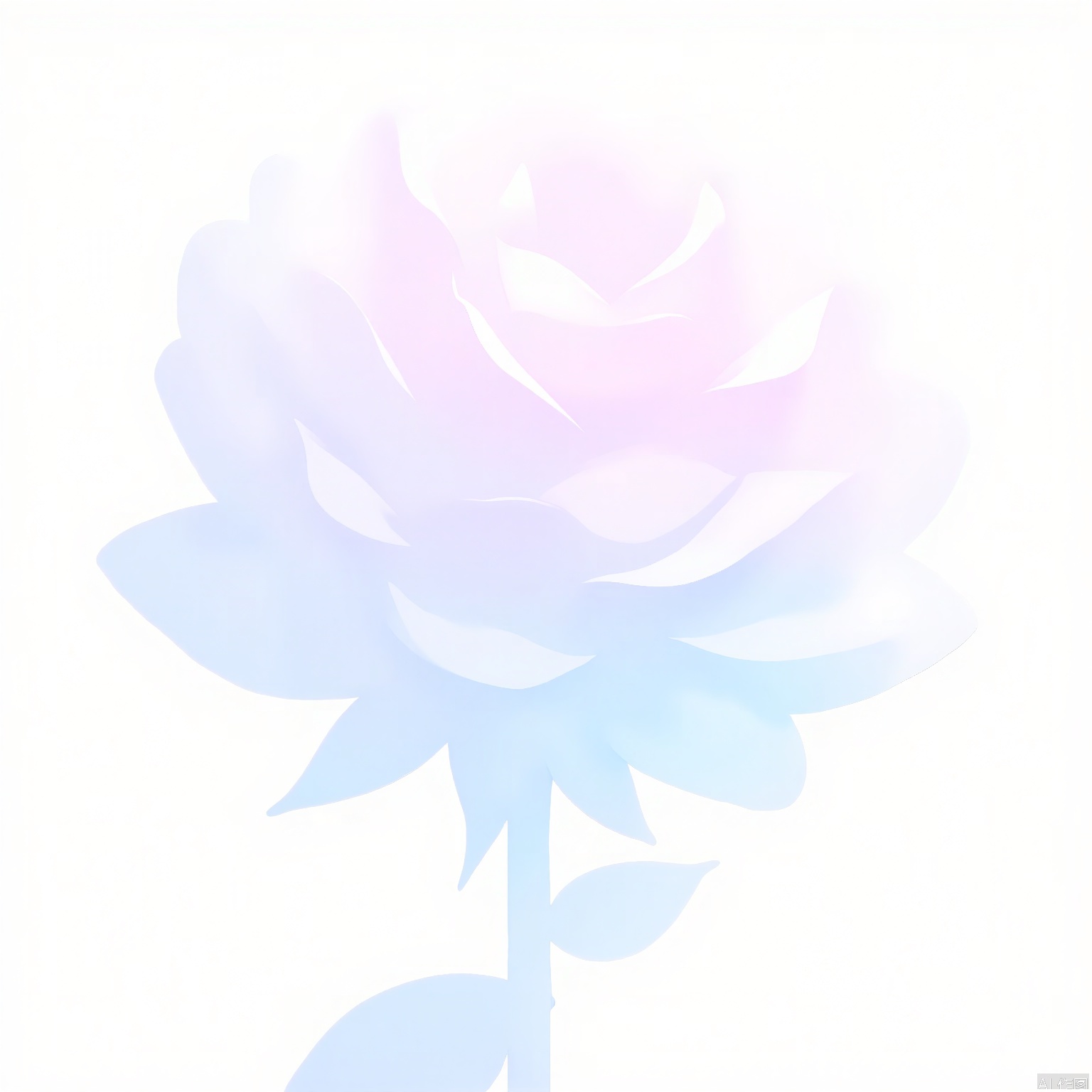 HYS, Digital drawing of a single rose with a gradient color scheme, transitioning from light pink at the center to soft blues and purples towards the edges. The petals are delicate and layered, with a soft, velvety texture. The stem is thin and spiky, with a few leaves at the base. The background is plain white, making the rose the focal point. The style is semi-realistic with a touch of fantasy, emphasizing the ethereal beauty of the flower.