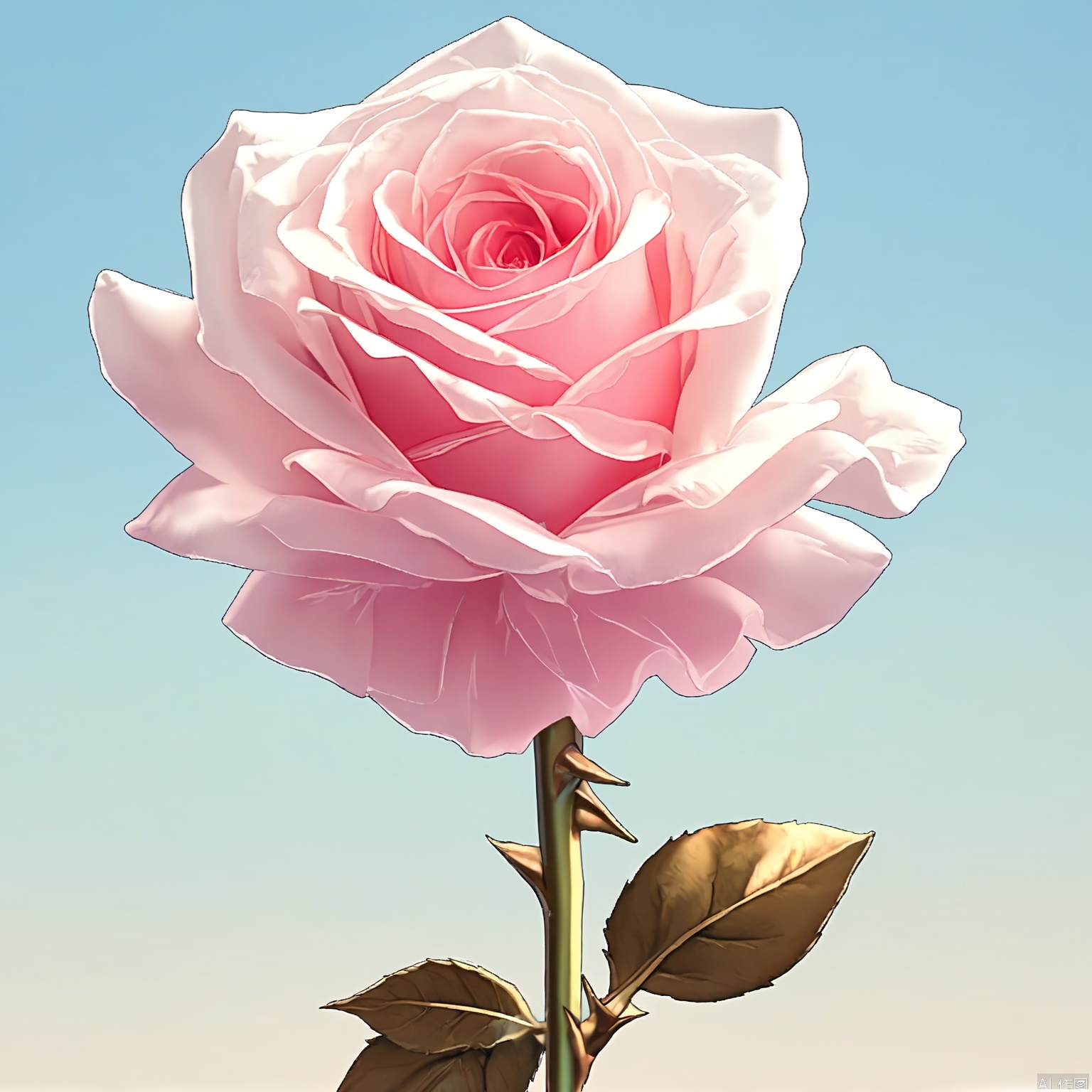 HYS, Digital drawing of a single rose with a gradient color scheme, transitioning from light pink at the center to soft blues and purples towards the edges. The petals are delicate and layered, with a soft, velvety texture. The stem is thin and spiky, with a few leaves at the base. The background is plain white, making the rose the focal point. The style is semi-realistic with a touch of fantasy, emphasizing the ethereal beauty of the flower.
