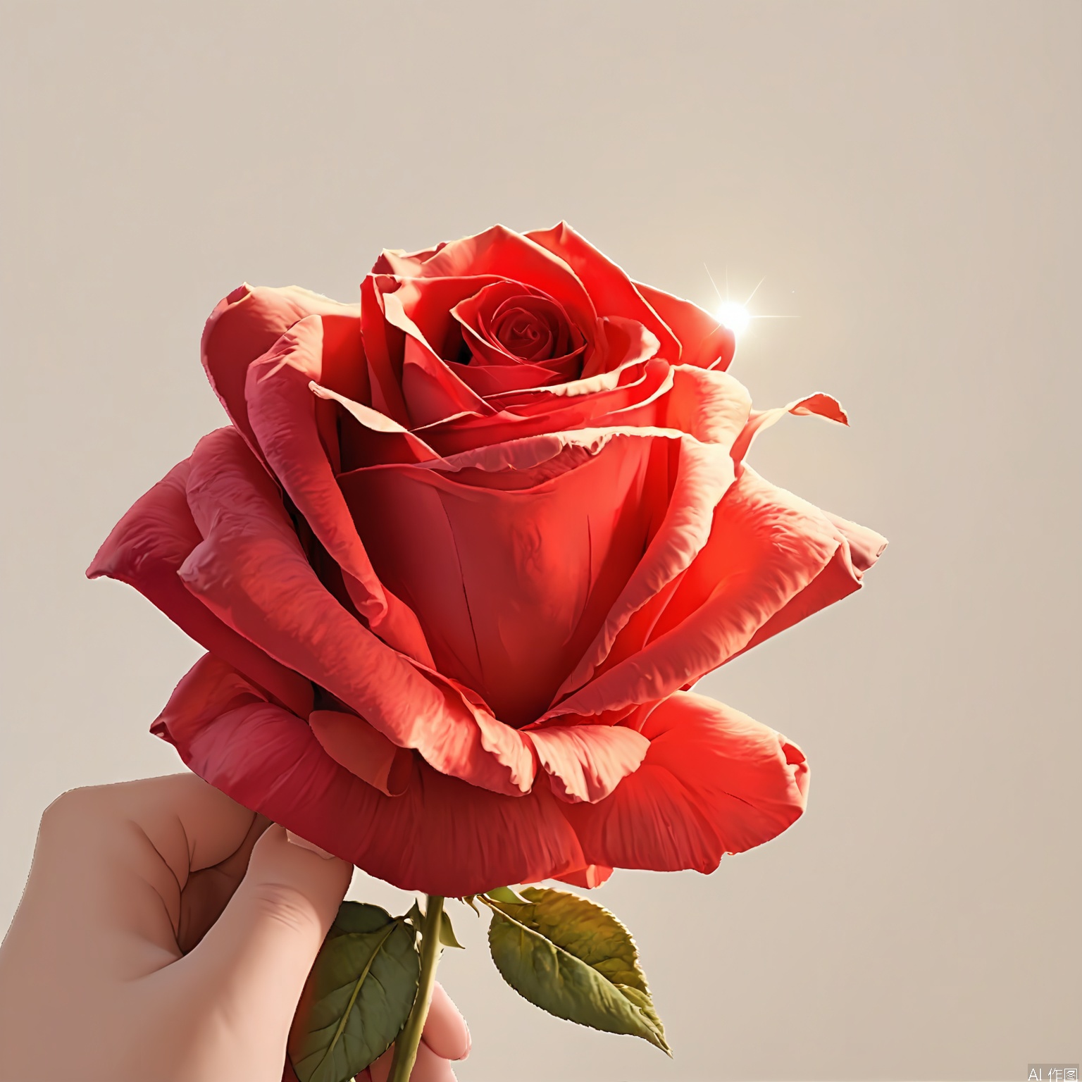 HYS, Photograph of two red roses, one fully bloomed and the other in the process of opening, against a plain white background. The roses have lush, velvety petals and green leaves with a slightly serrated edge. The stems are thin and slightly curved. The roses are centered in the frame, with the fully bloomed rose above the partially bloomed one. The lighting is soft and even, highlighting the natural beauty and texture of the flowers.
