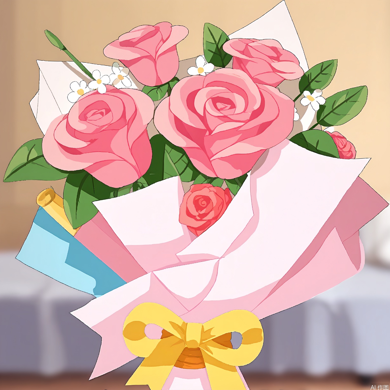 HYS, Digital drawing of a bouquet of pink roses with green leaves, wrapped in pink paper with a bow at the bottom. The bouquet is surrounded by small white flowers with yellow centers, creating a delicate and romantic appearance. The background is plain white, emphasizing the flowers. The style is soft and whimsical, with a pastel color palette. The flowers are detailed and realistic, with soft shading and highlights.
