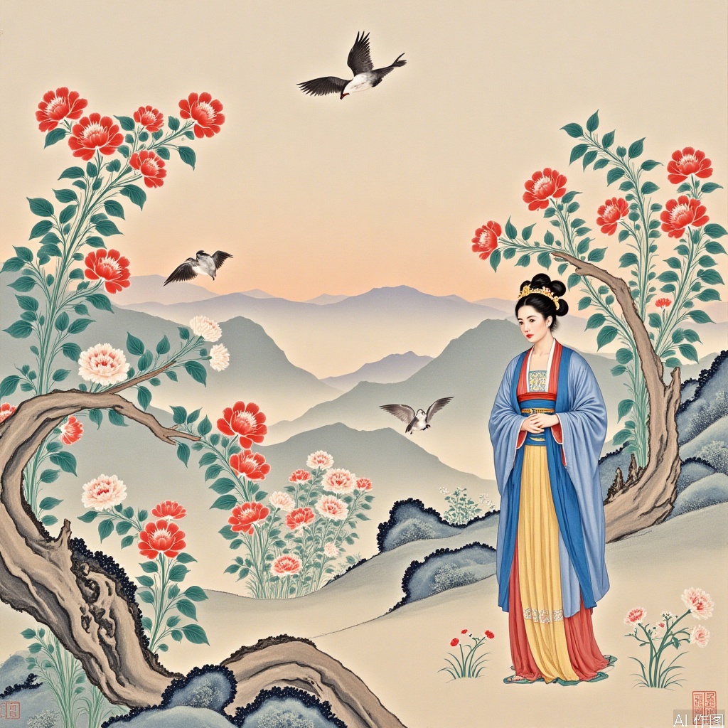 ,flowers,Model after the ancients,scenery,Ancient costume,Freehand Chinese painting with meticulou