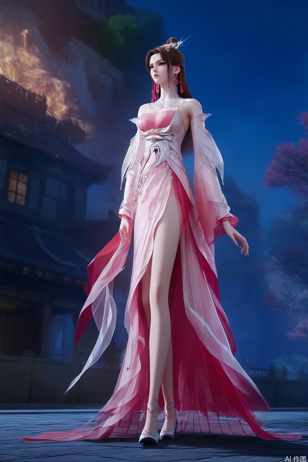 score_9_up,score_8_up,score_7_up,(Masterpiece, Best Quality, High Resolution, 8K Raw),absurdres, highres, Expressiveh,illustration,CG,
1girl, solo, long hair, brown hair, hair ornament, ribbon, jewelry, earrings, hair bun, dress, jewelry, full body, bare legs, night, pink dress, expressionless