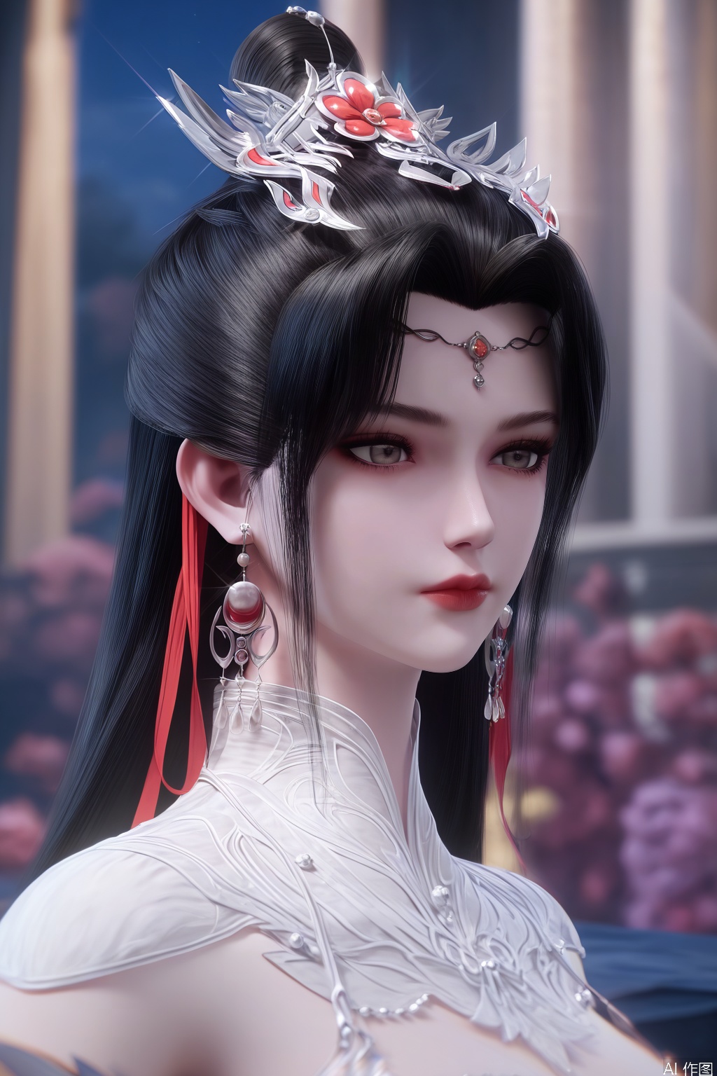 score_9_up,score_8_up,score_7_up,(Masterpiece, Best Quality, High Resolution, 8K Raw),absurdres, highres, Expressiveh,illustration,CG,
1girl, solo, long hair, black hair, hair ornament, dress, jewelry, closed mouth, upper body, earrings, hair bun, white dress, blurry, night, blurry background, expressionless